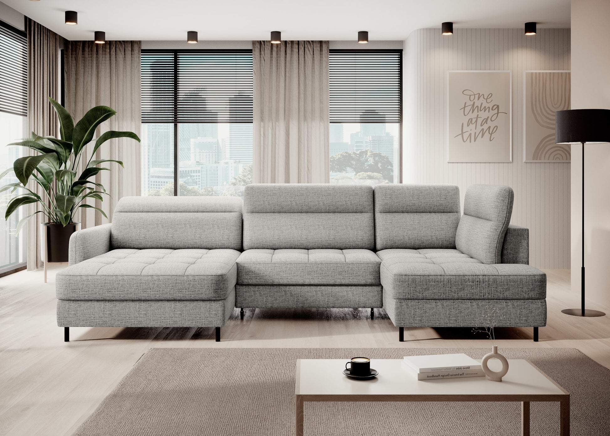 Narożnik Berrto w aranżacji salonu, jasnoszary Aubron 04, widok z przodu