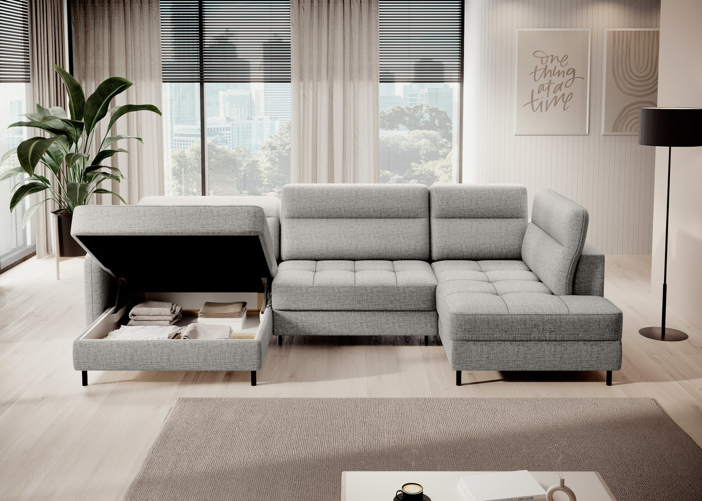 Narożnik Berrto w nowoczesnym salonie, Aubron 04 jasnoszary – widok z boku