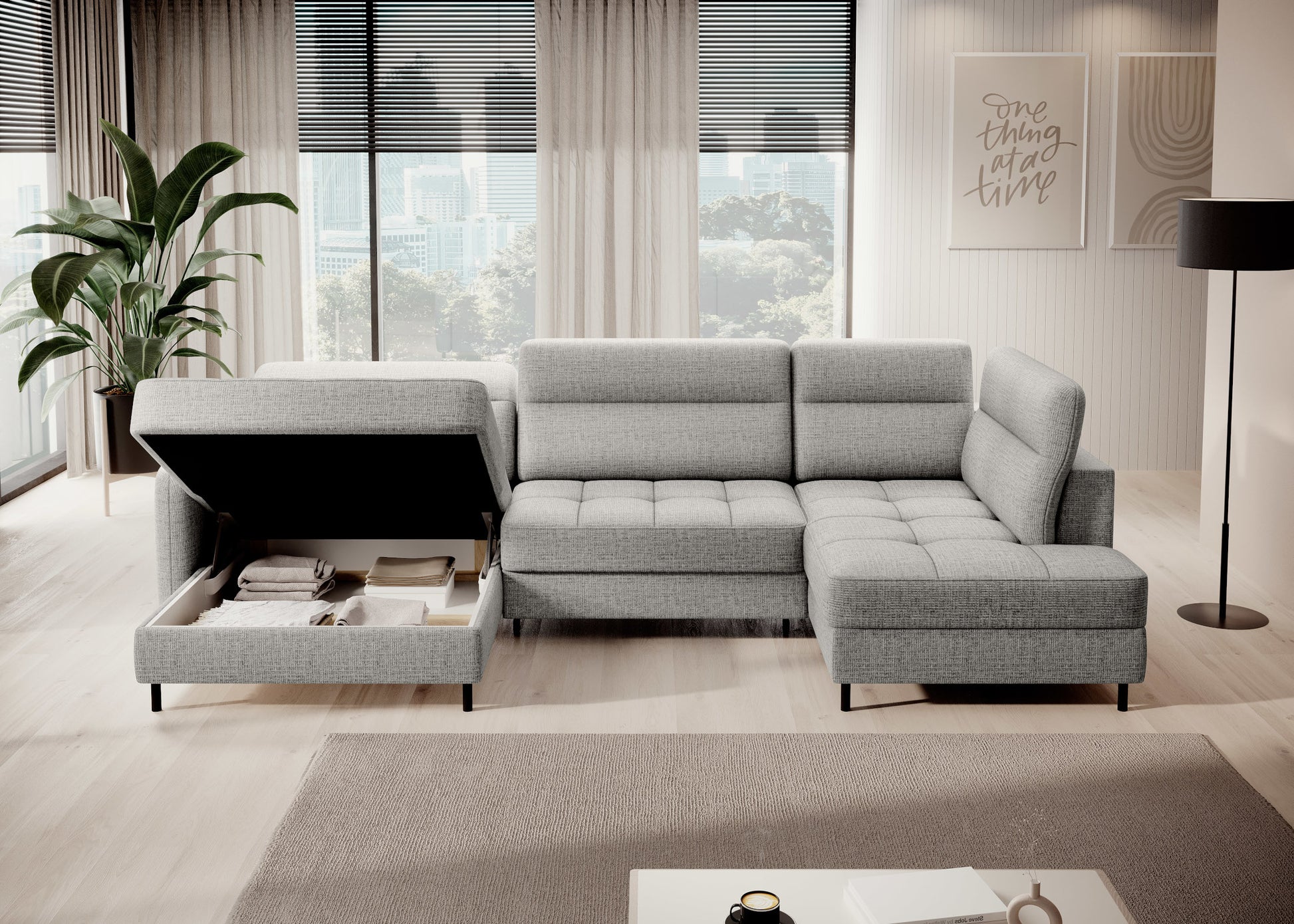 Narożnik Berrto w nowoczesnym salonie, Aubron 04 jasnoszary – widok z boku