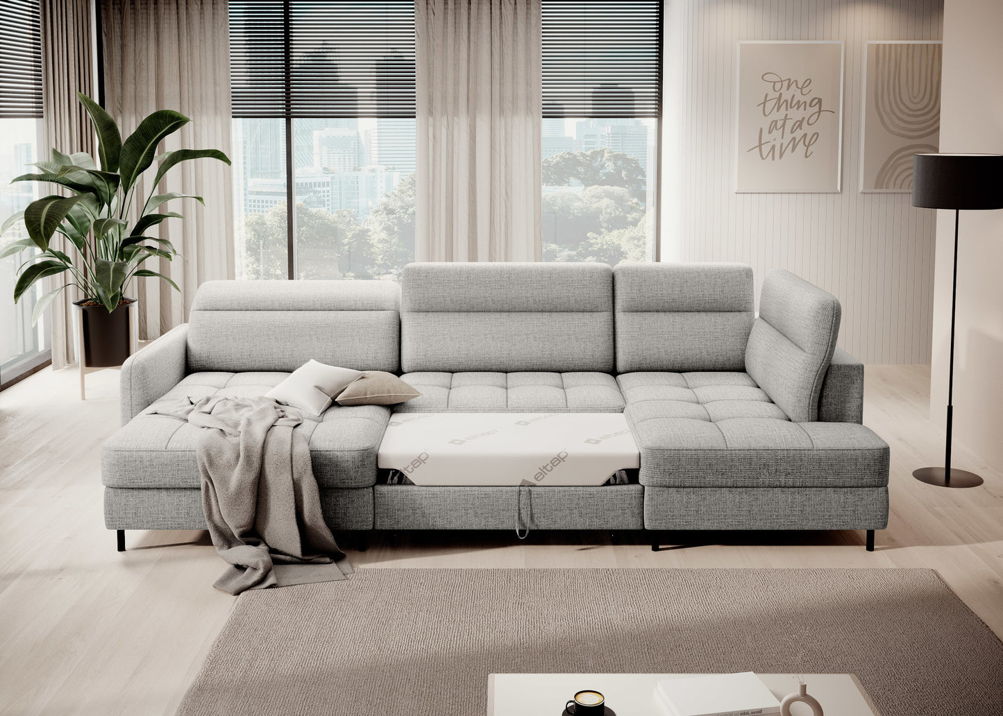 Narożnik Berrto rozłożony do spania, tapicerka Aubron 04 jasnoszara