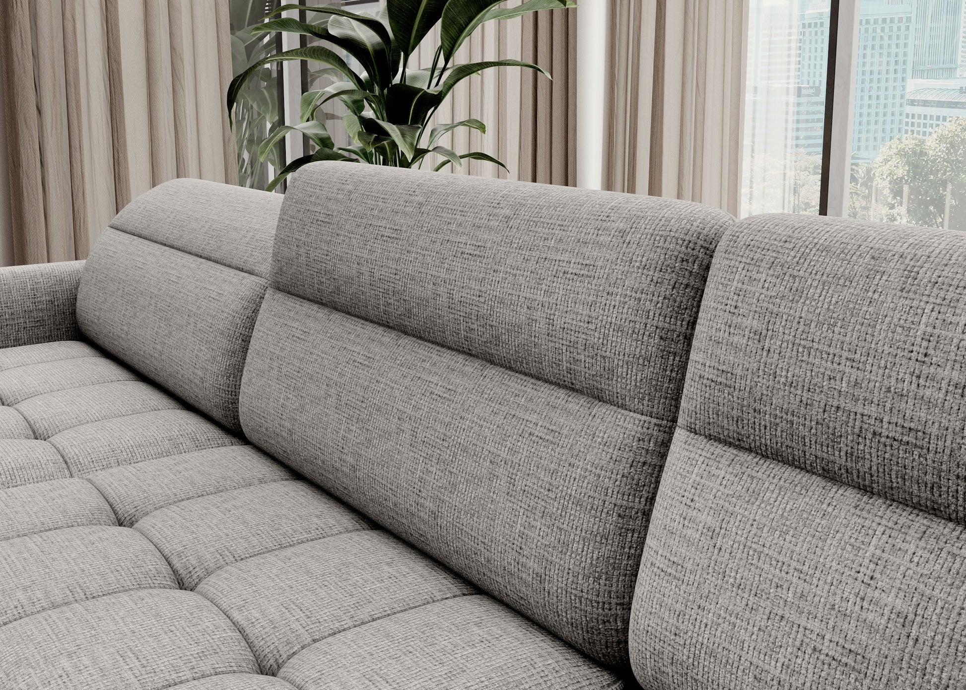 Zbliżenie tkaniny i przeszyć narożnika Berrto, materiał Aubron 04 jasnoszary

