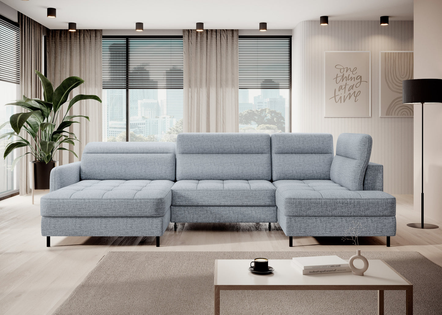 Narożnik Berrto z funkcją spania, Aubron 100 szary – aranżacja salonu, widok z przodu