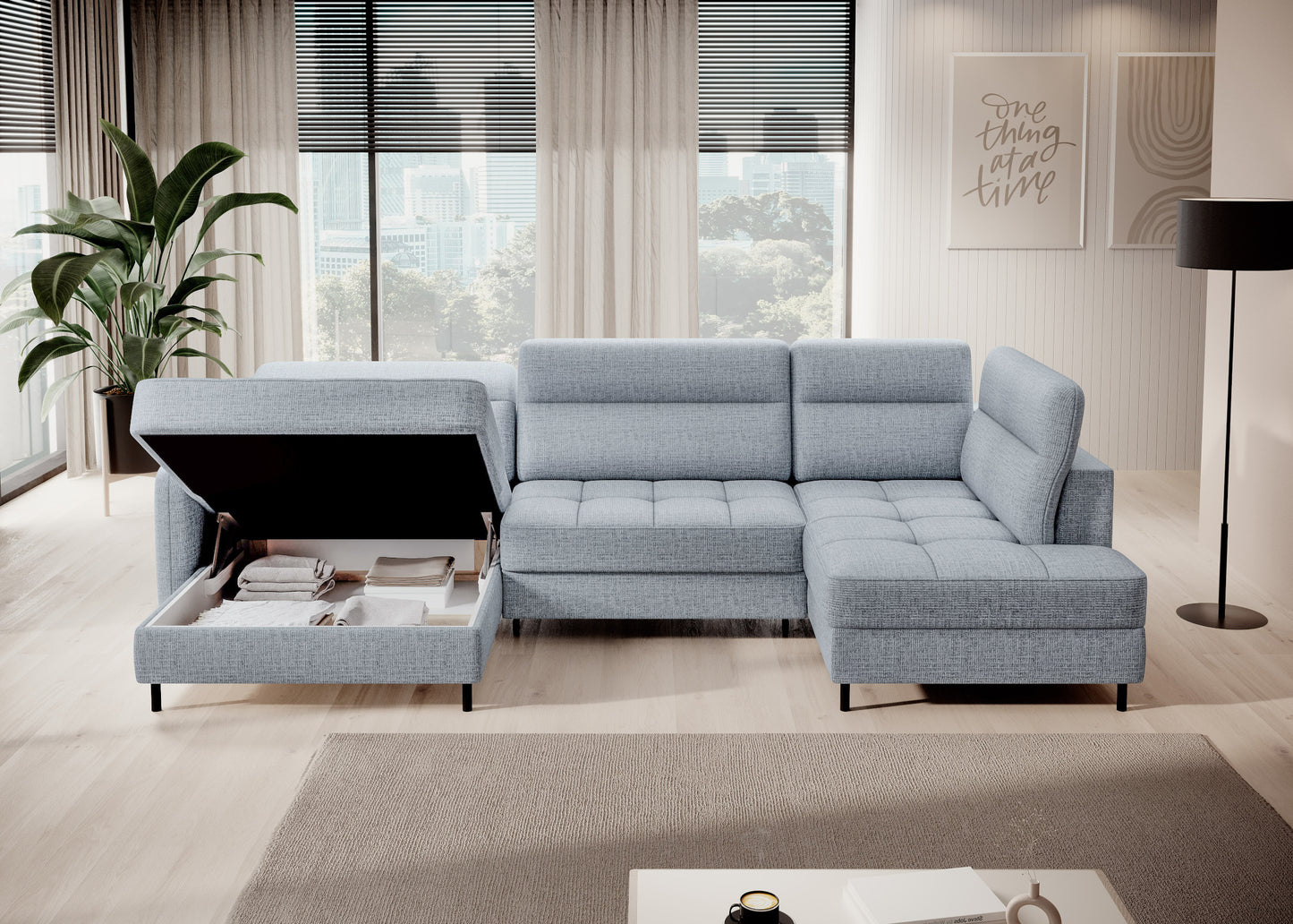 Narożnik Berrto w nowoczesnym salonie, Aubron 100 szary – widok z boku