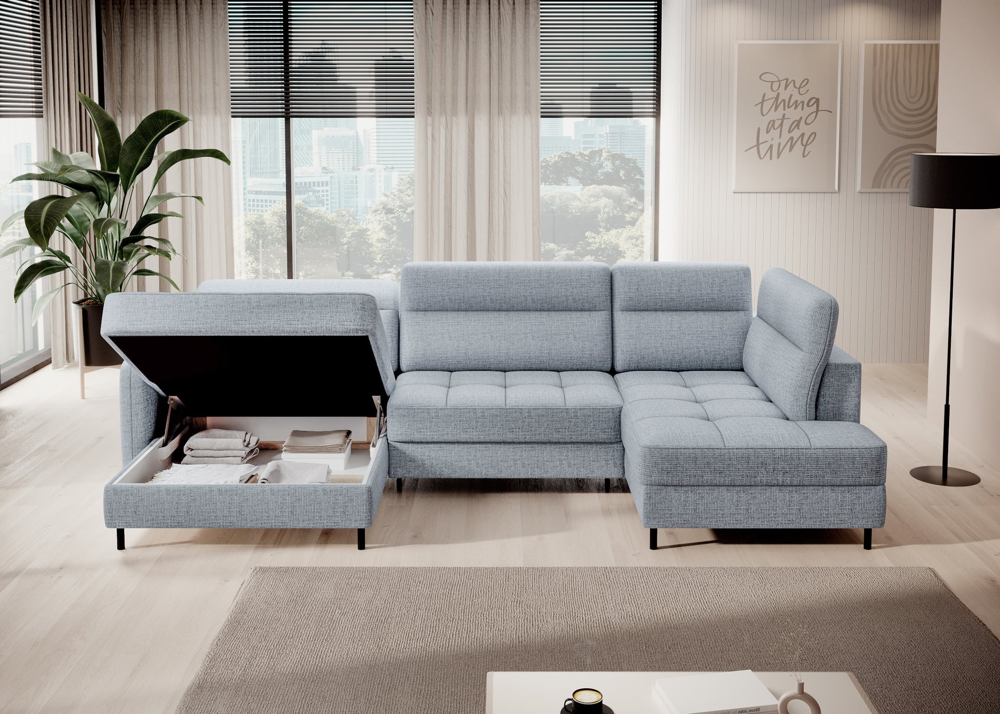 Narożnik Berrto w nowoczesnym salonie, Aubron 100 szary – widok z boku