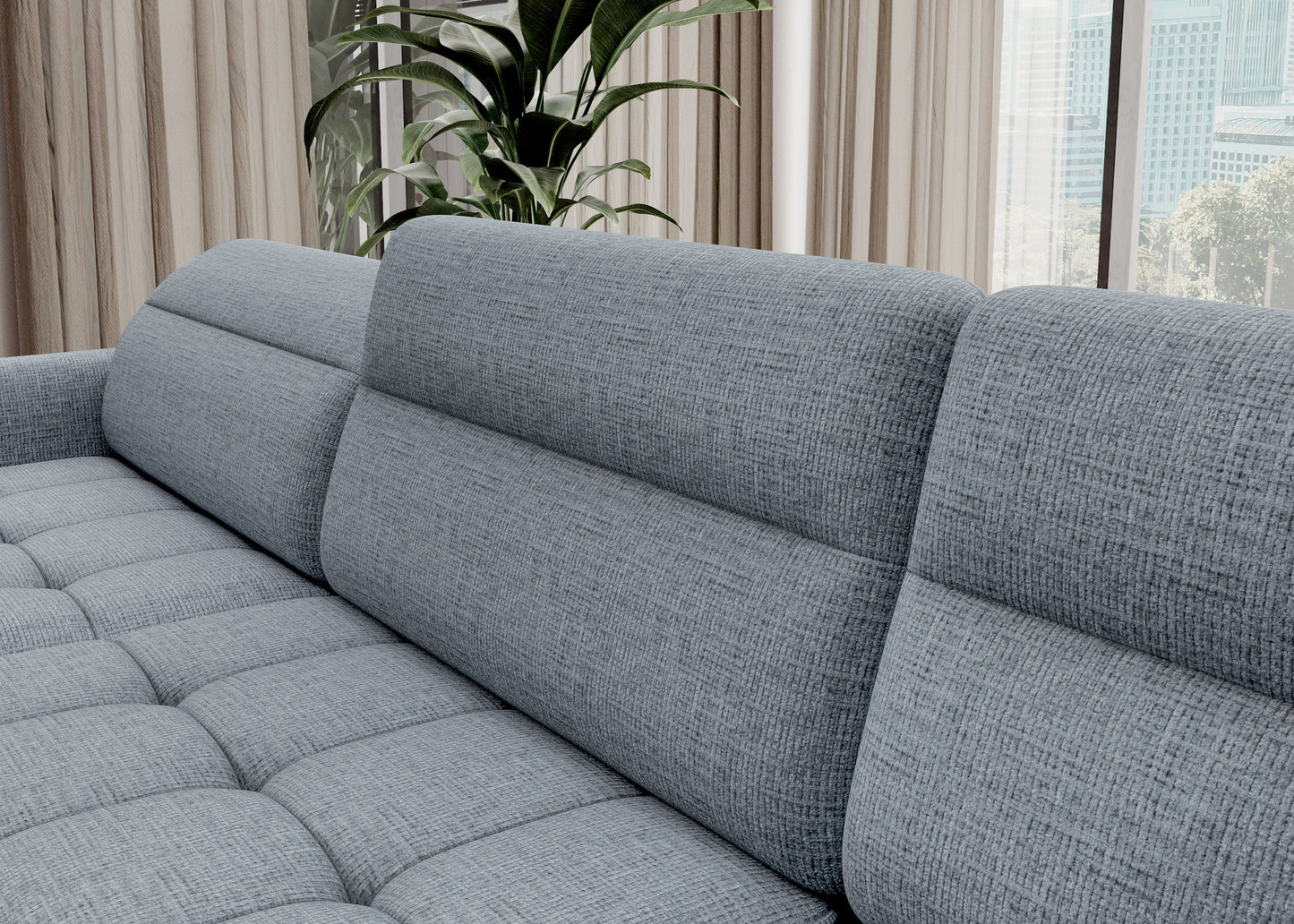 Zbliżenie tkaniny i przeszyć narożnika Berrto, materiał Aubron 100 szary