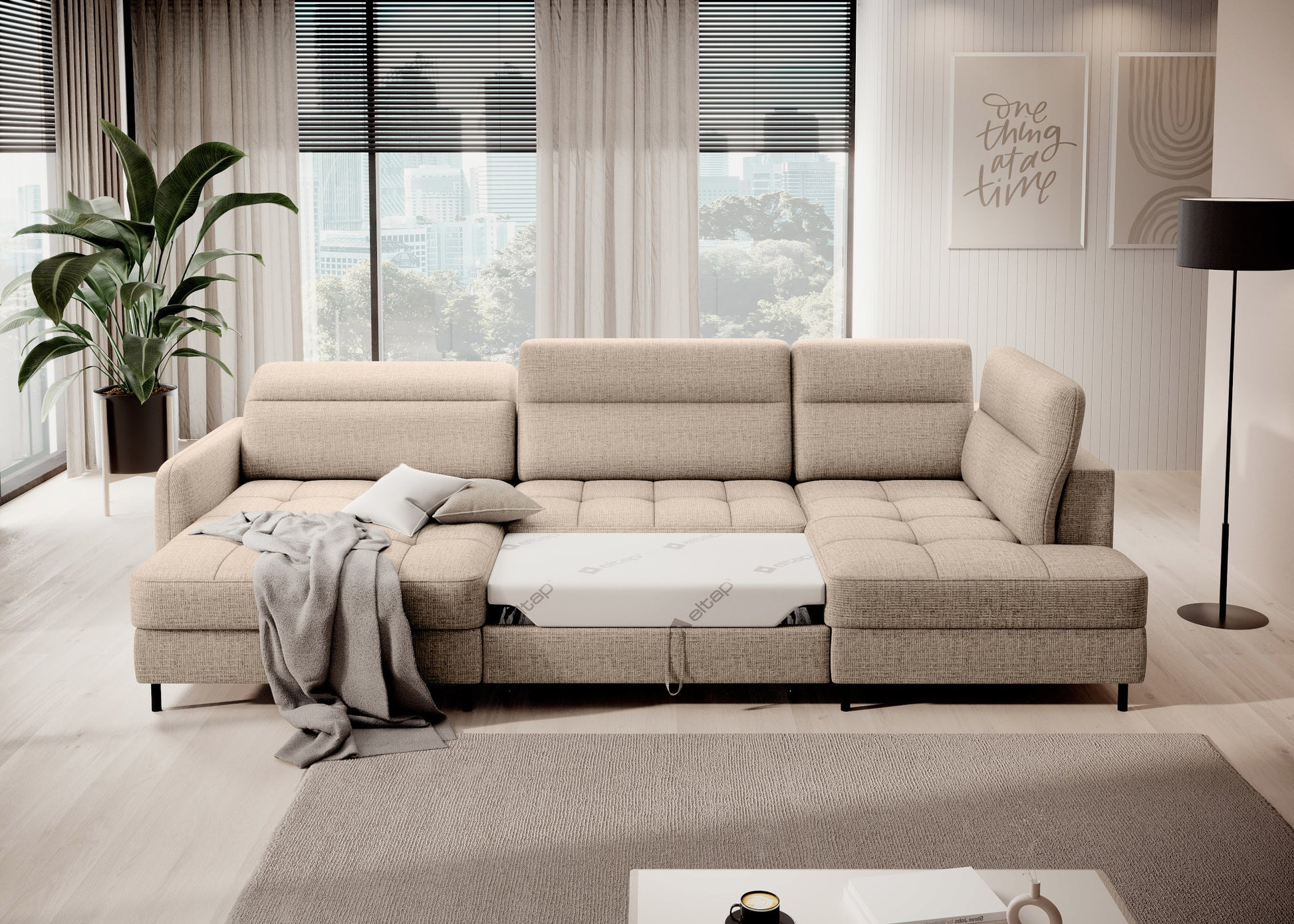 Narożnik Berrto z funkcją spania w aranżacji salonu, kremowy Aubron 20, widok z przodu