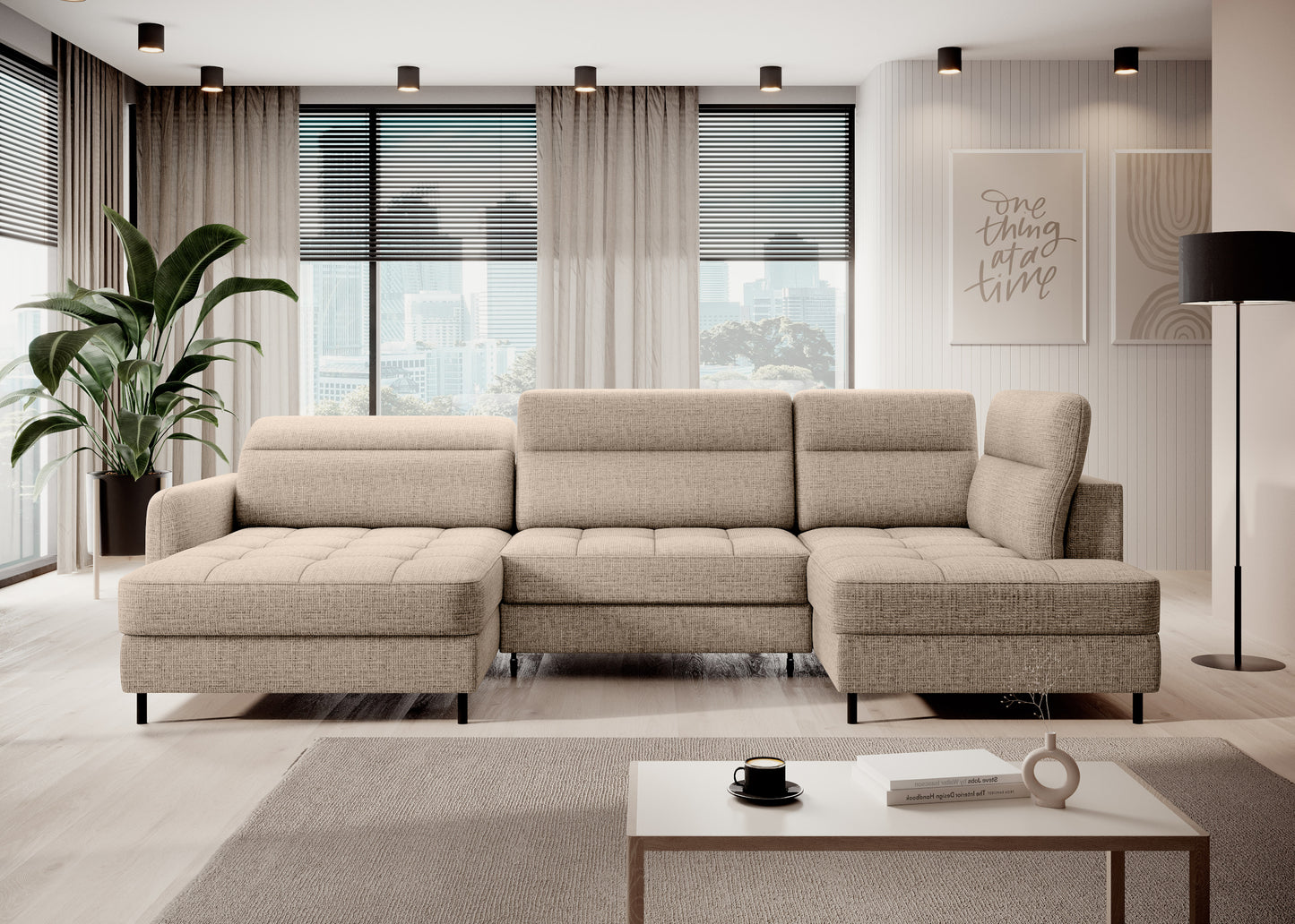 Narożnik Berrto w nowoczesnym salonie, kremowa tapicerka Aubron 20 – widok z boku