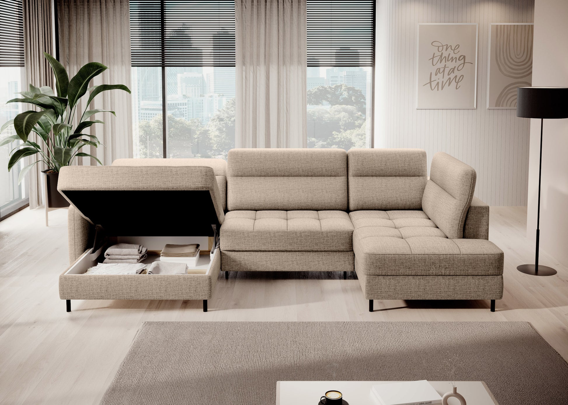 Narożnik Berrto rozłożony do spania, tkanina Aubron 20 kremowy