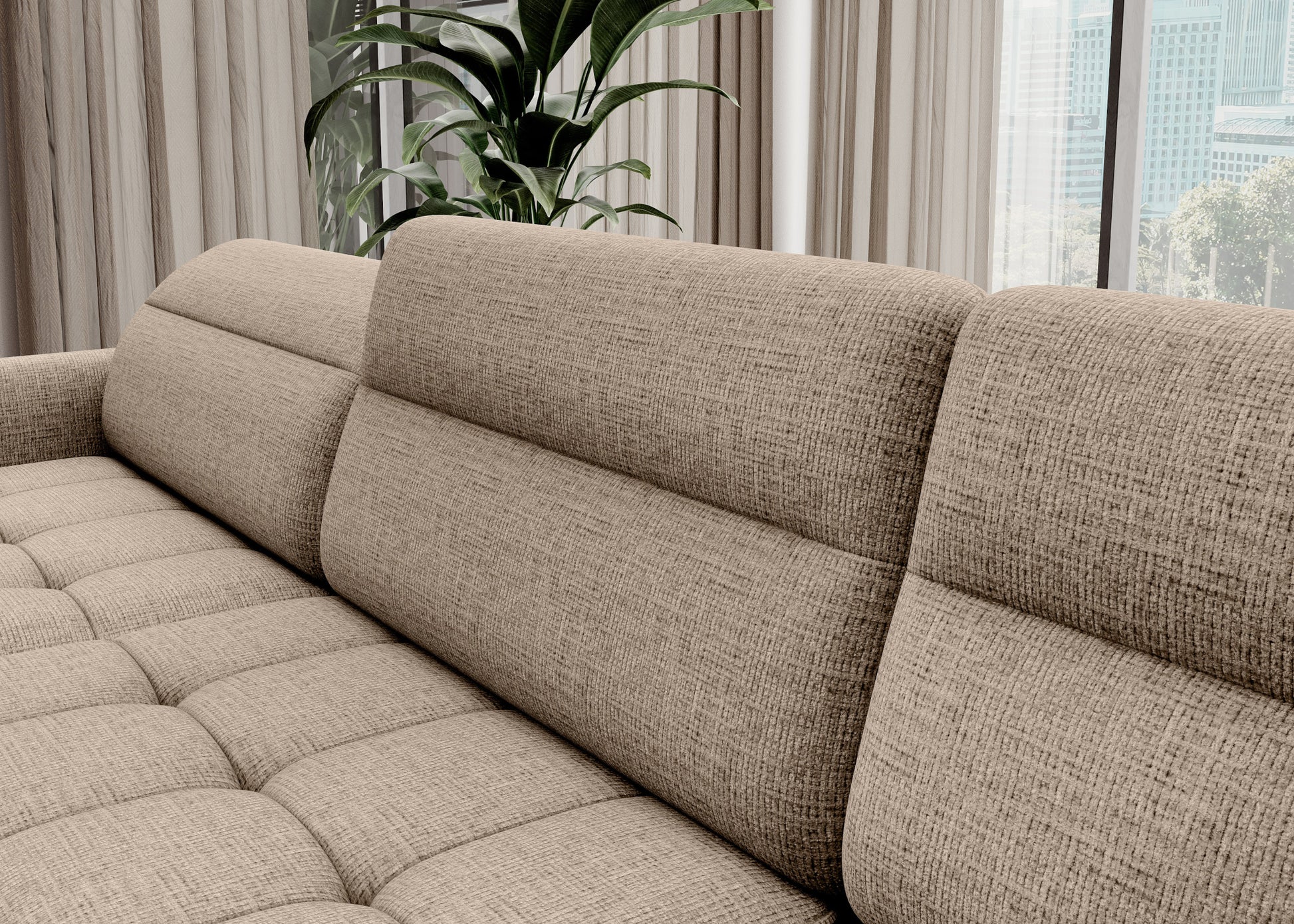 Zbliżenie tkaniny Aubron 20 kremowy i przeszyć narożnika Berrto