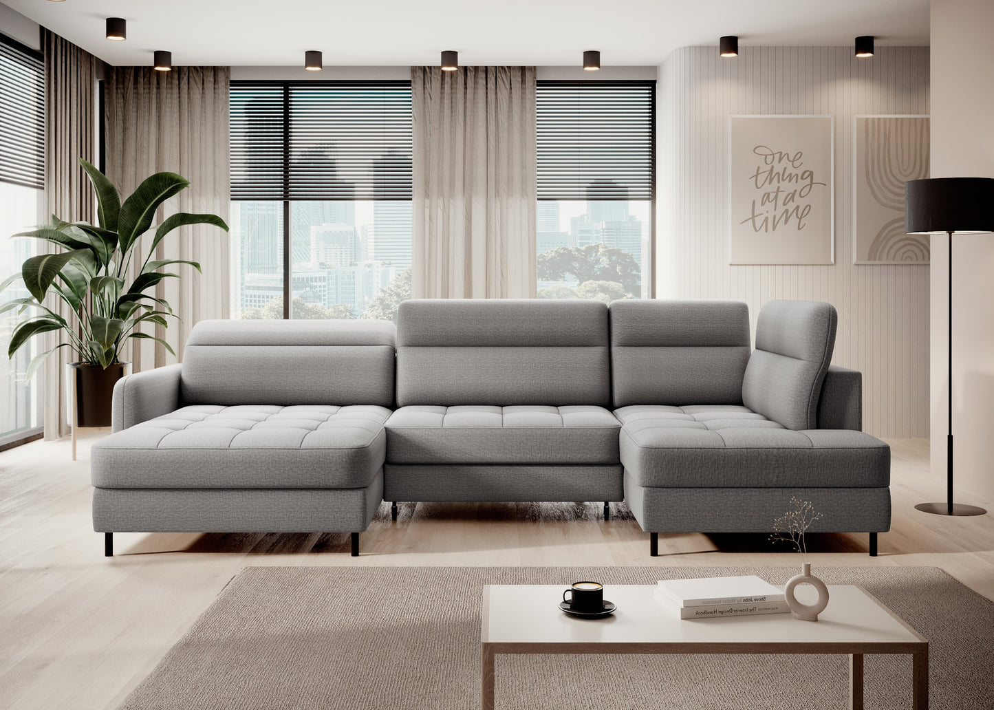 Narożnik z funkcją spania Berrto w salonie, Manhattan 03 jasnoszary – ujęcie frontalne