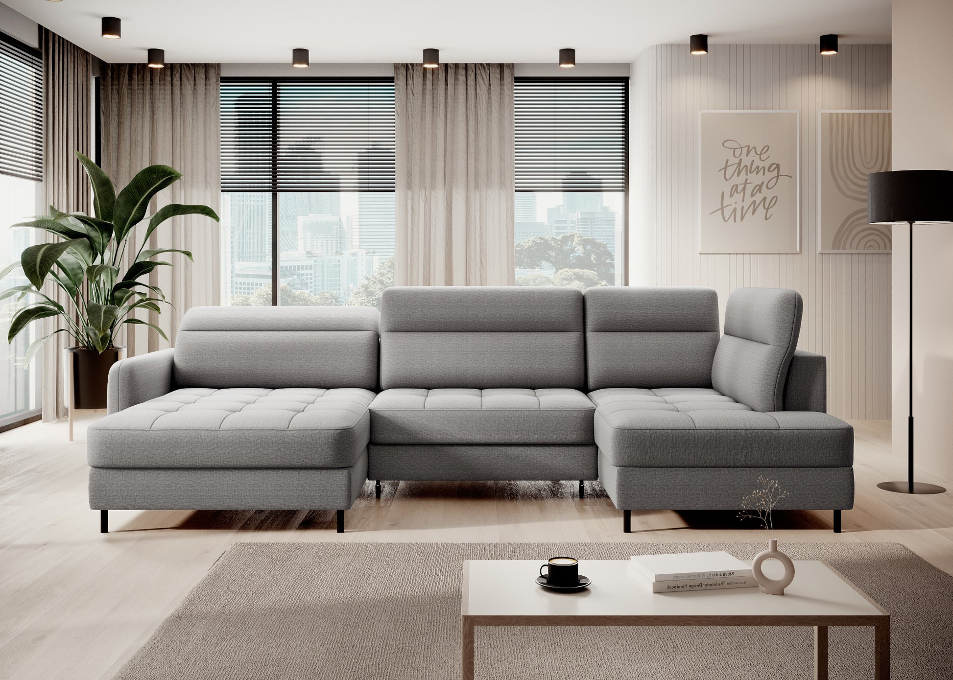 Narożnik z funkcją spania Berrto w salonie, Manhattan 03 jasnoszary – ujęcie frontalne