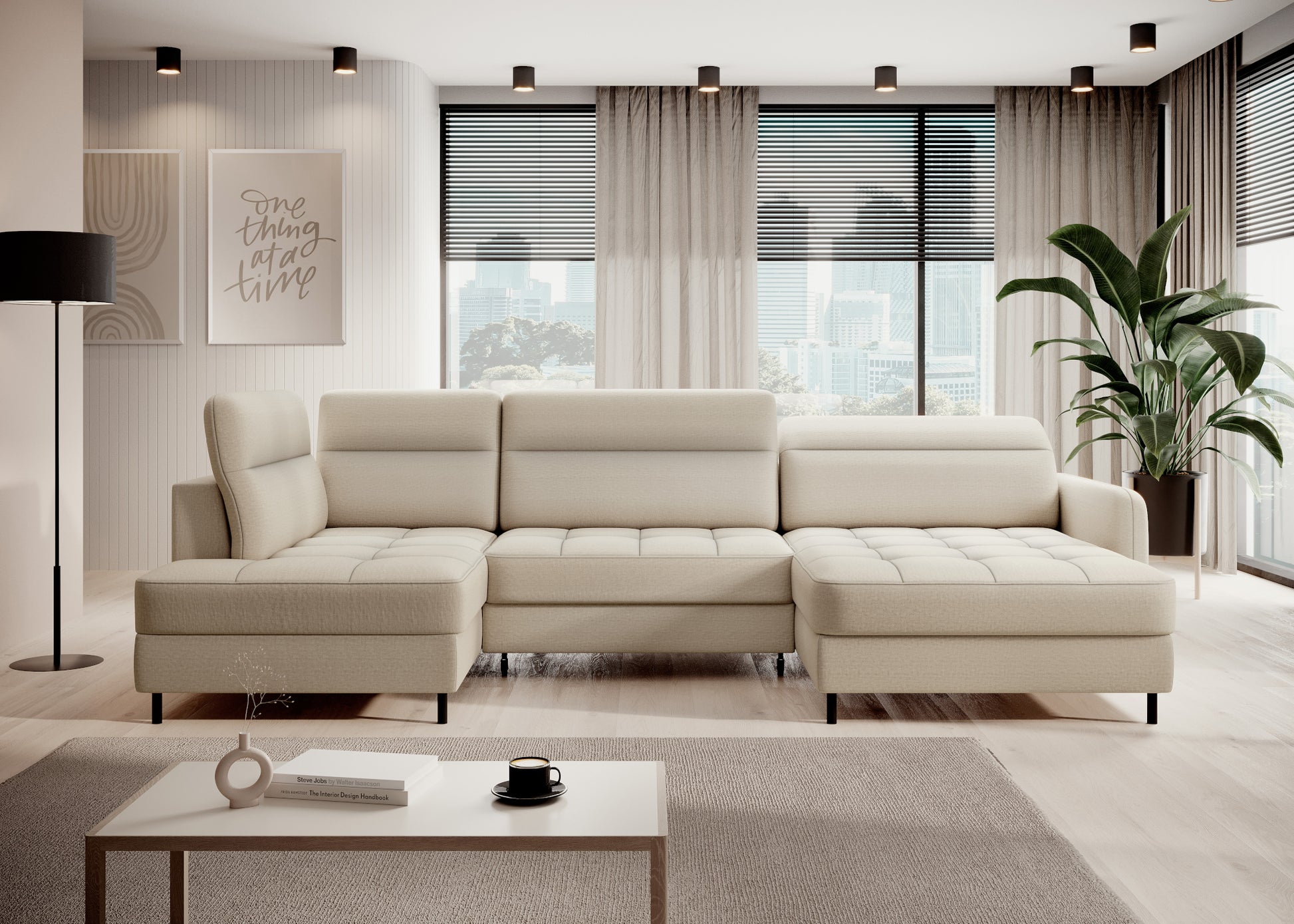 Narożnik z funkcją spania Berrto w salonie, Manhattan 18 jasnobeżowy – ujęcie frontalne