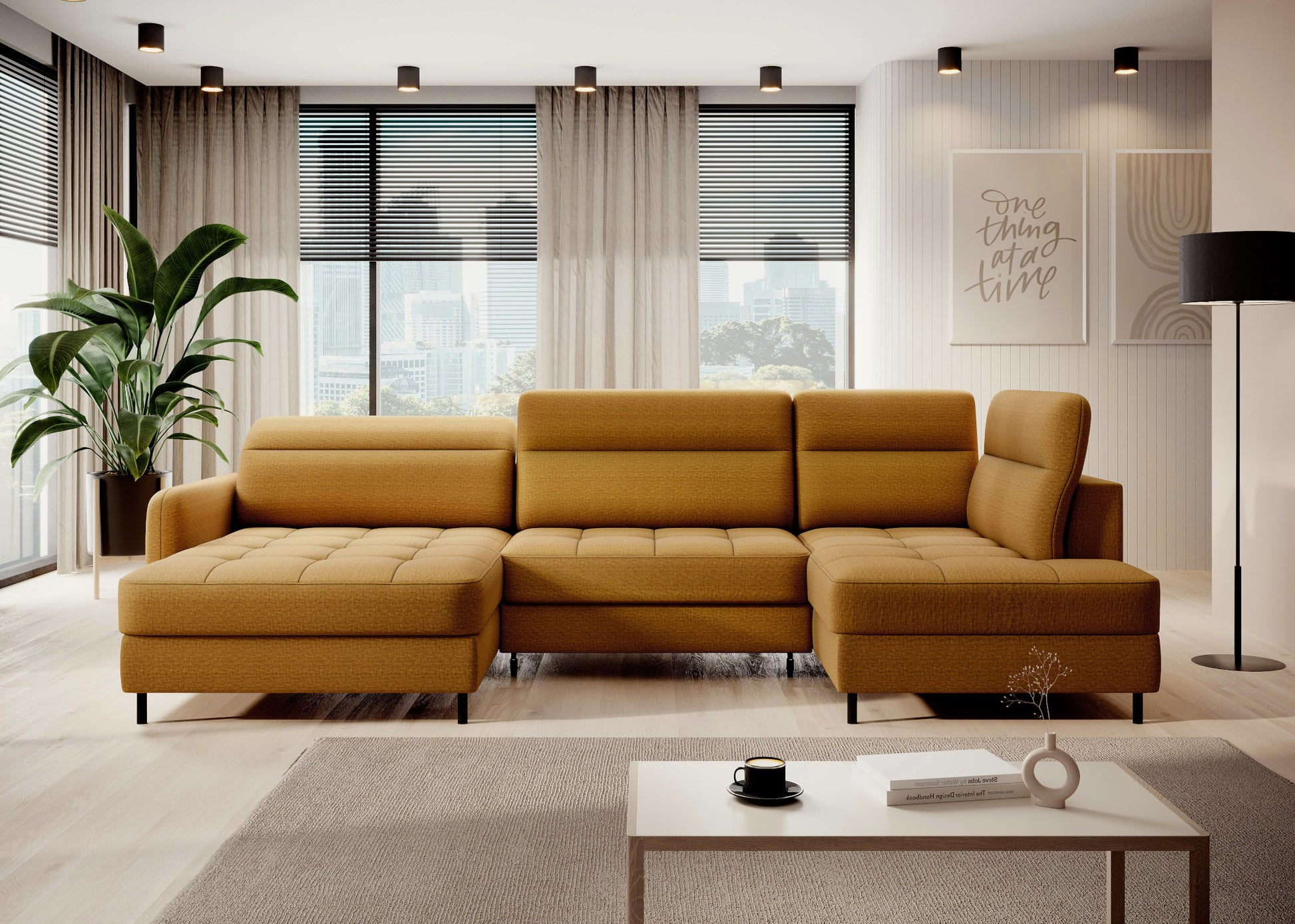 Narożnik z funkcją spania Berrto w salonie, kolor Manhattan 45 żółty – ujęcie frontalne