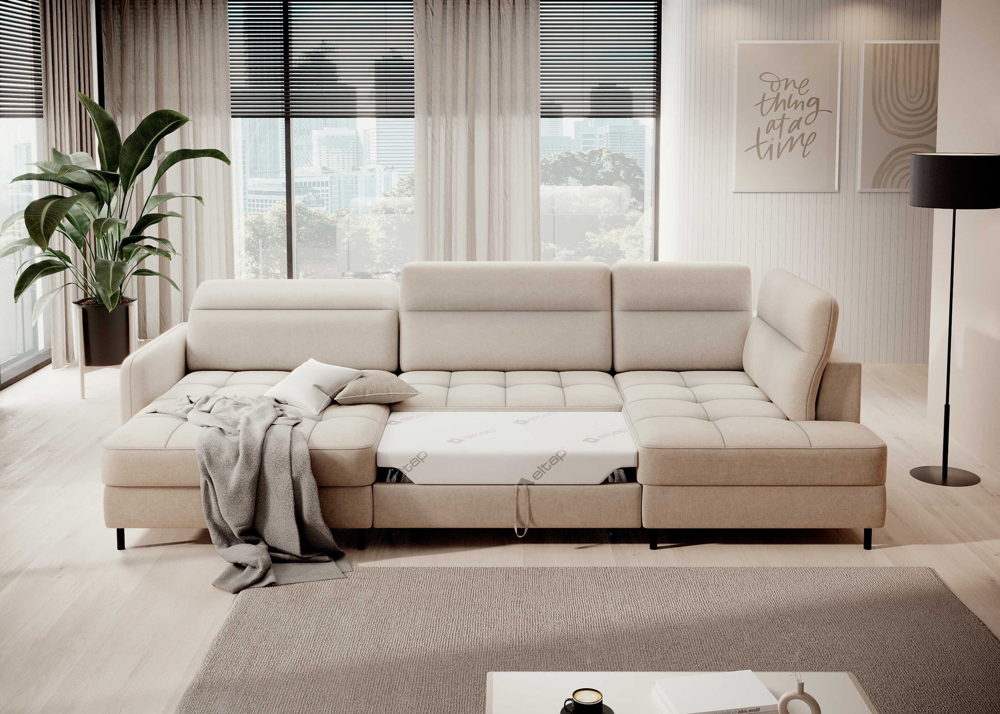 Narożnik Berrto rozłożony do spania, beżowa tkanina Raquel 18