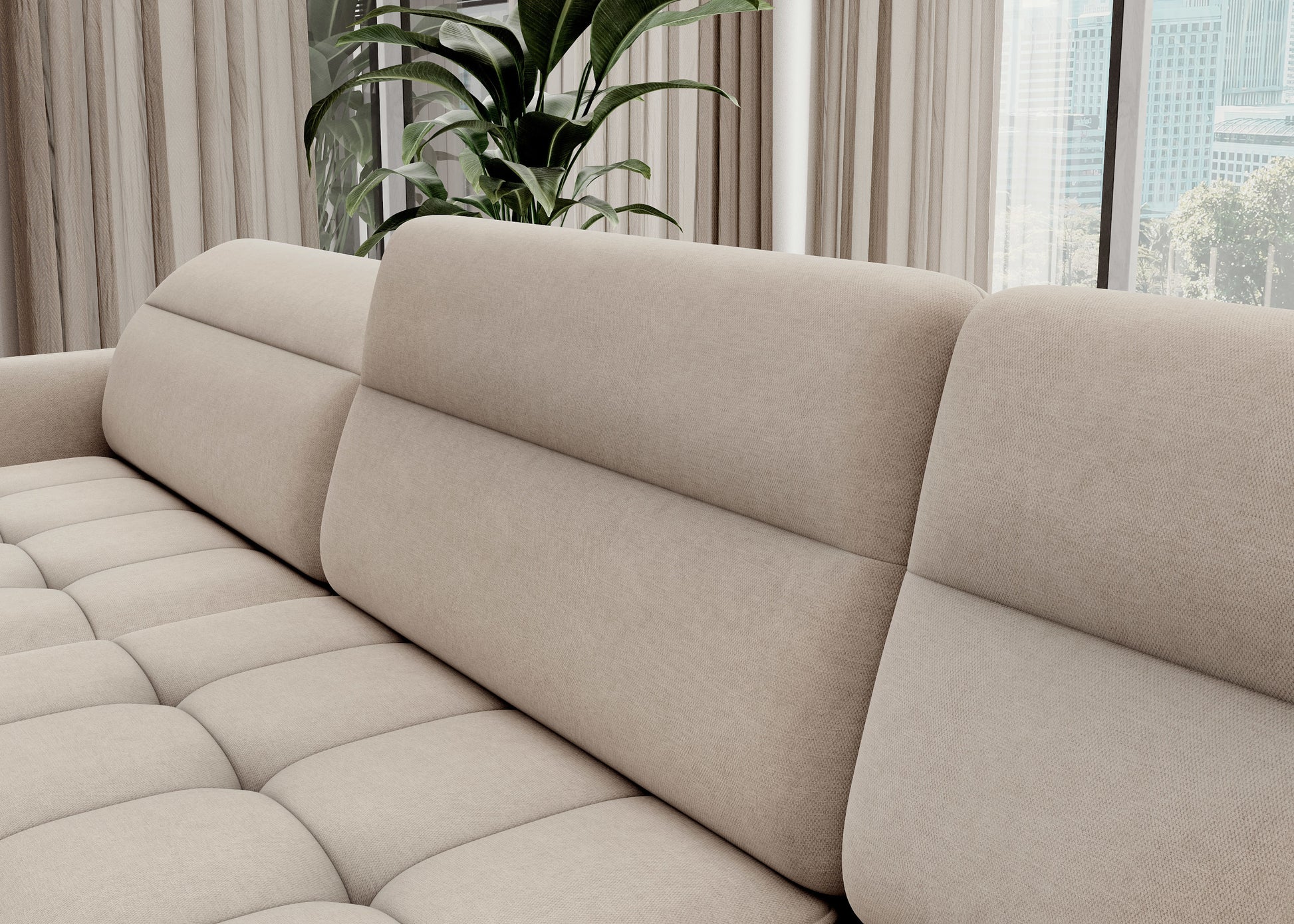 Zbliżenie tkaniny Raquel 18 i przeszyć narożnika Berrto – beżowy