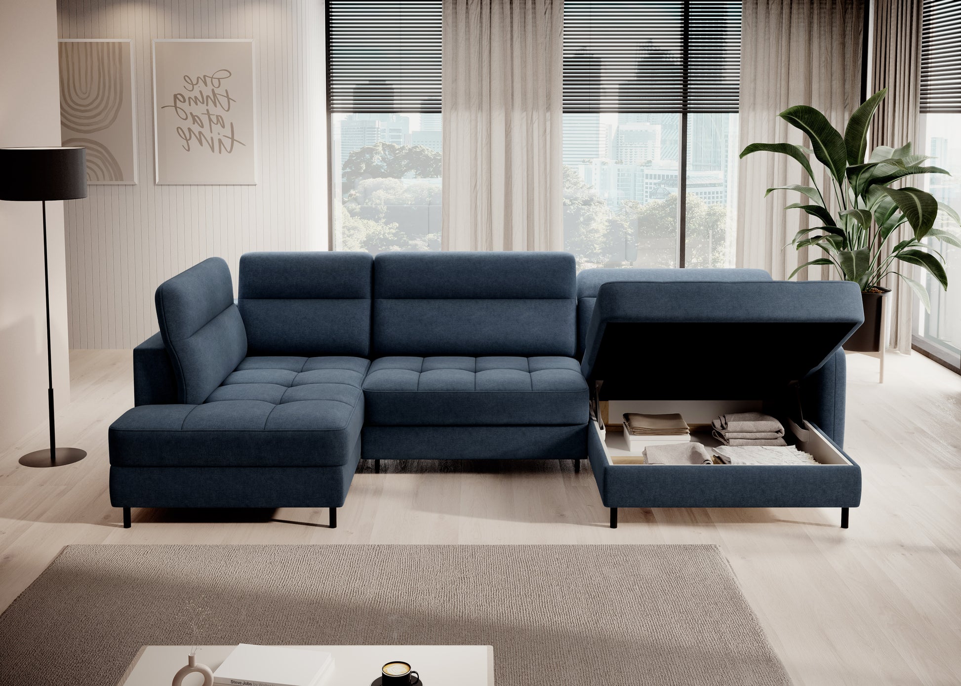 Narożnik Berrto rozłożony do spania, tapicerka Raquel 40 niebieski