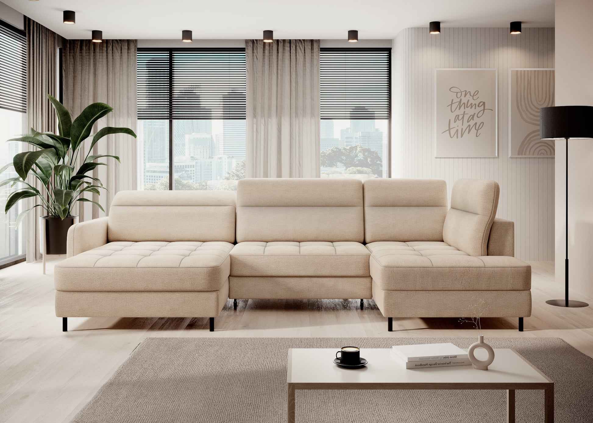 Narożnik Berrto w aranżacji salonu, beżowa tkanina Toscany 18, widok frontalny