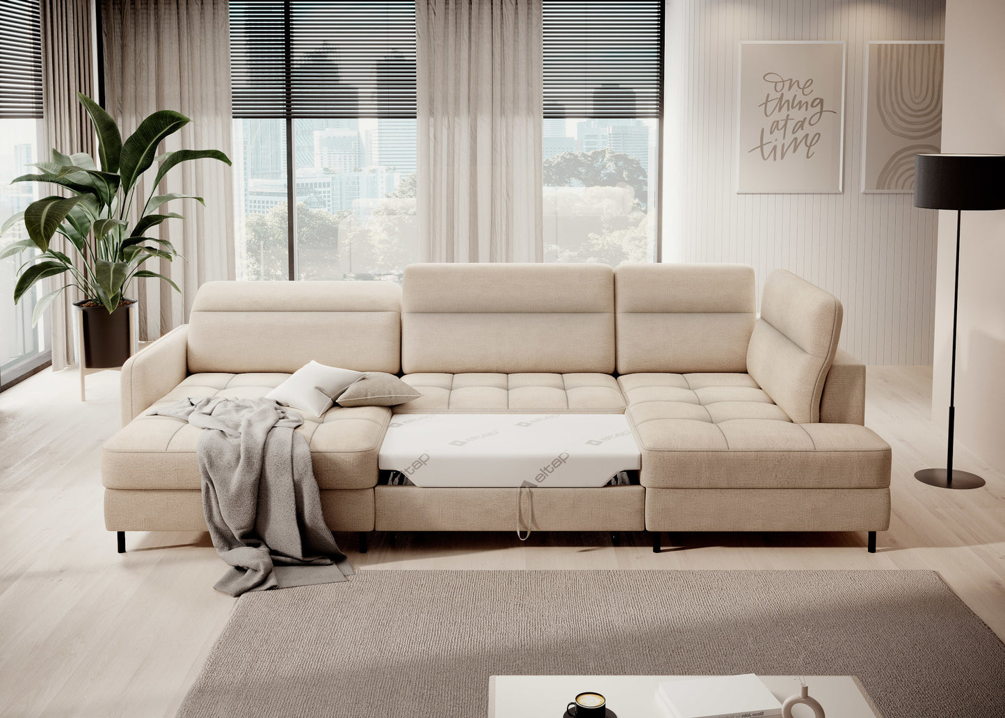 Narożnik Berrto rozłożony do spania, tapicerka Toscany 18 beżowa