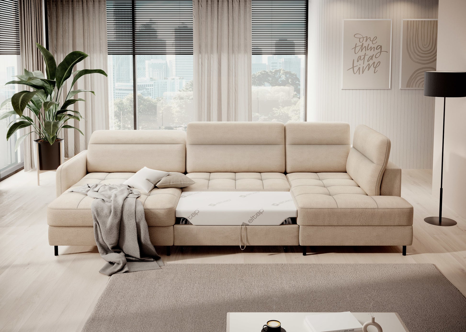 Narożnik Berrto rozłożony do spania, tapicerka Toscany 18 beżowa