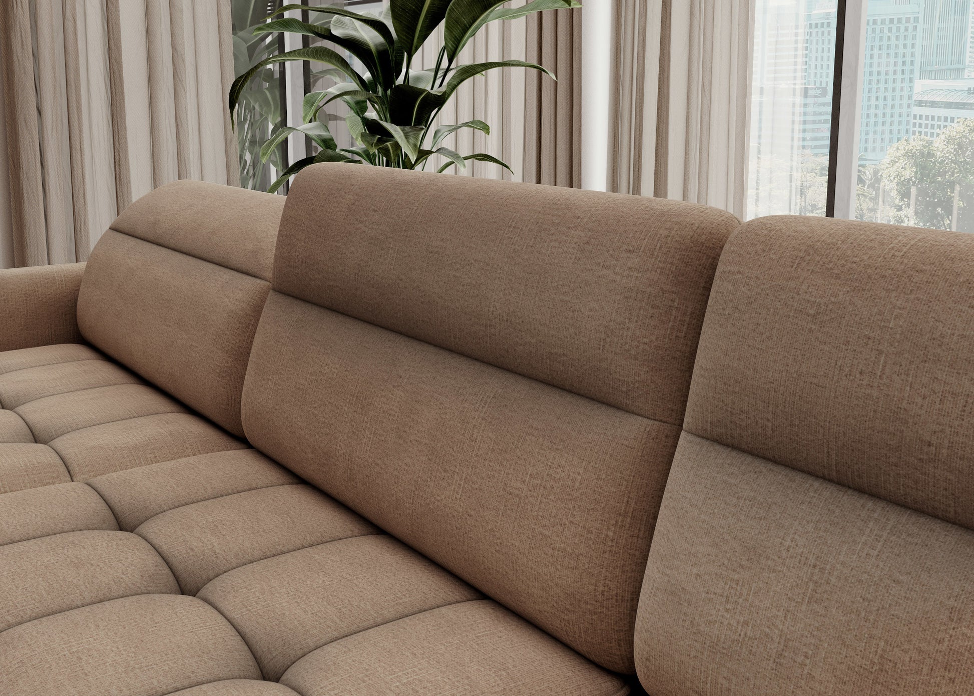 Zbliżenie tkaniny i przeszyć narożnika Berrto, materiał Toscany 20 karmelowy

