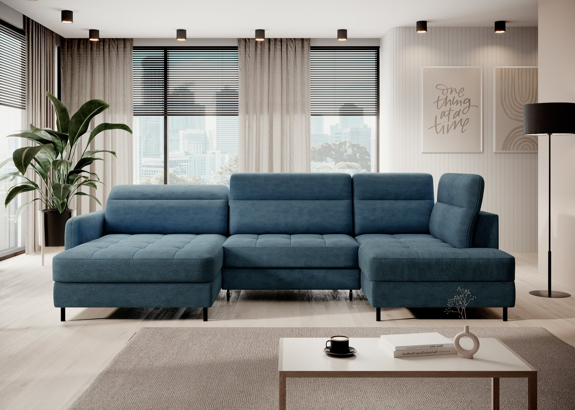 Narożnik Berrto w aranżacji salonu, tkanina Toscany 40 niebieska, widok z przodu