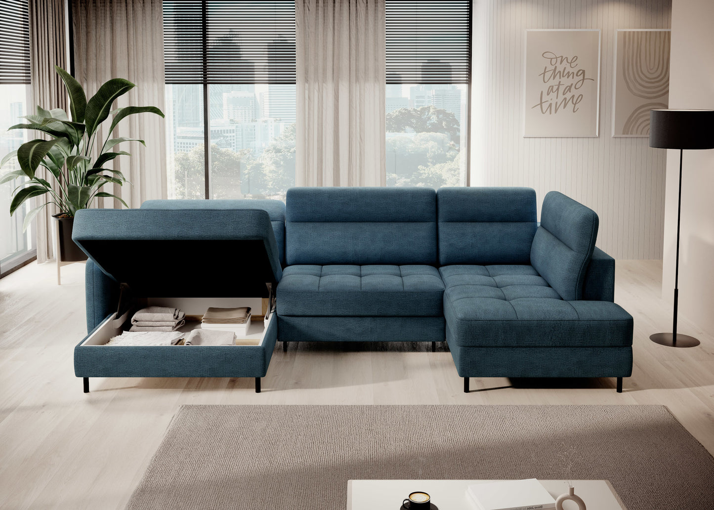 Narożnik Berrto w nowoczesnym salonie, Toscany 40 niebieski – widok z boku