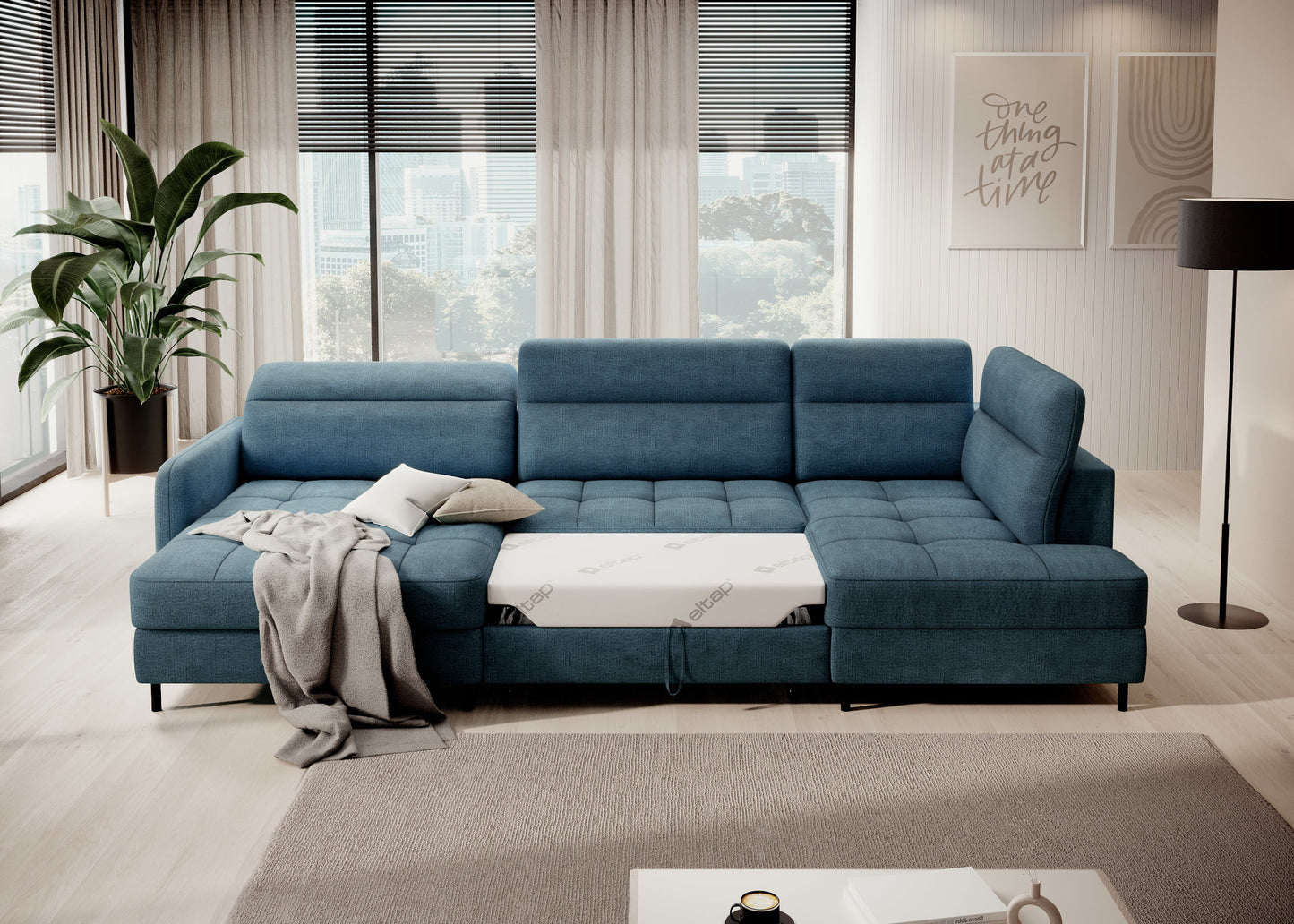 Narożnik Berrto rozłożony do spania, tapicerka Toscany 40 niebieska