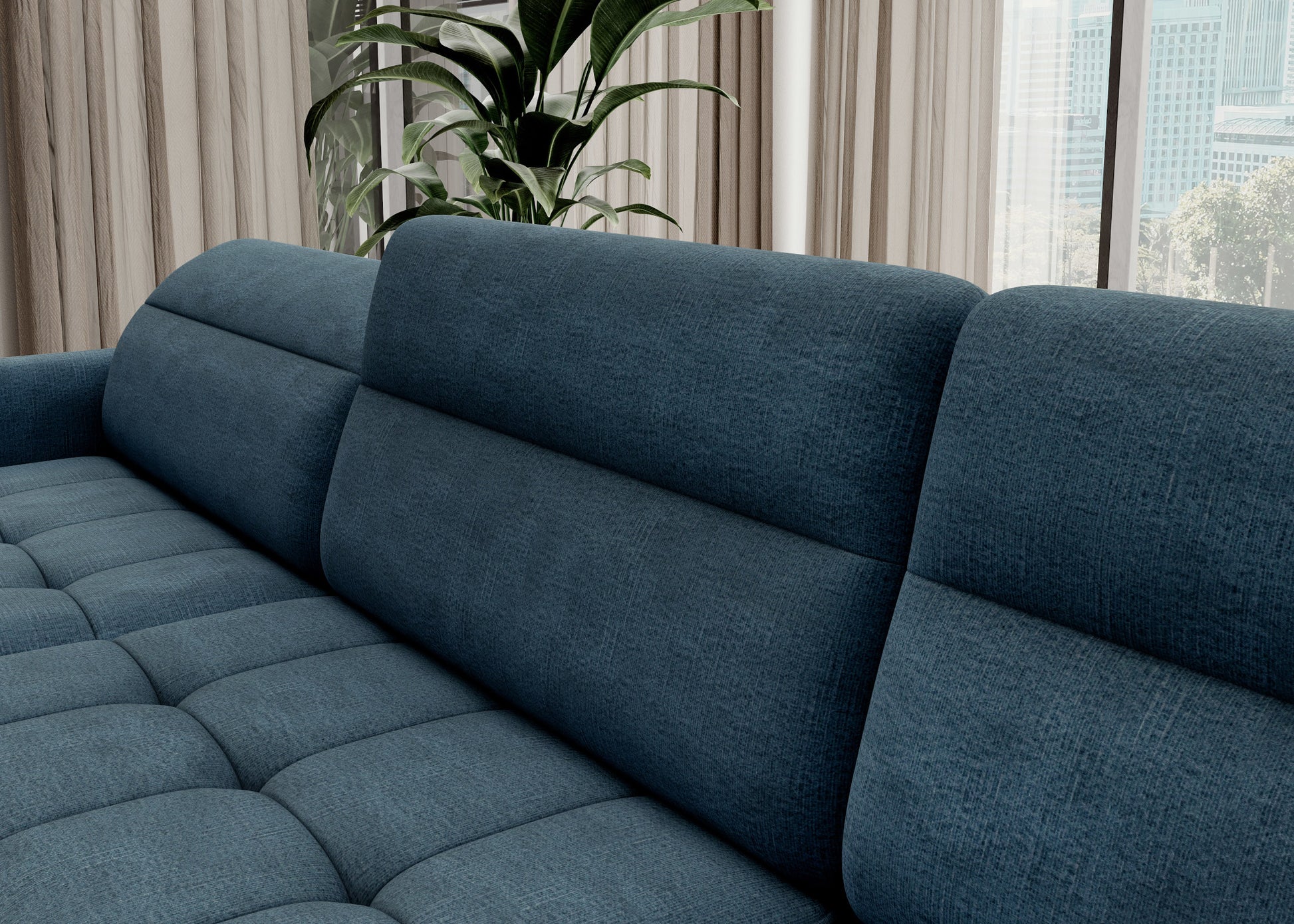 Zbliżenie tkaniny i przeszyć narożnika Berrto, materiał Toscany 40 niebieski