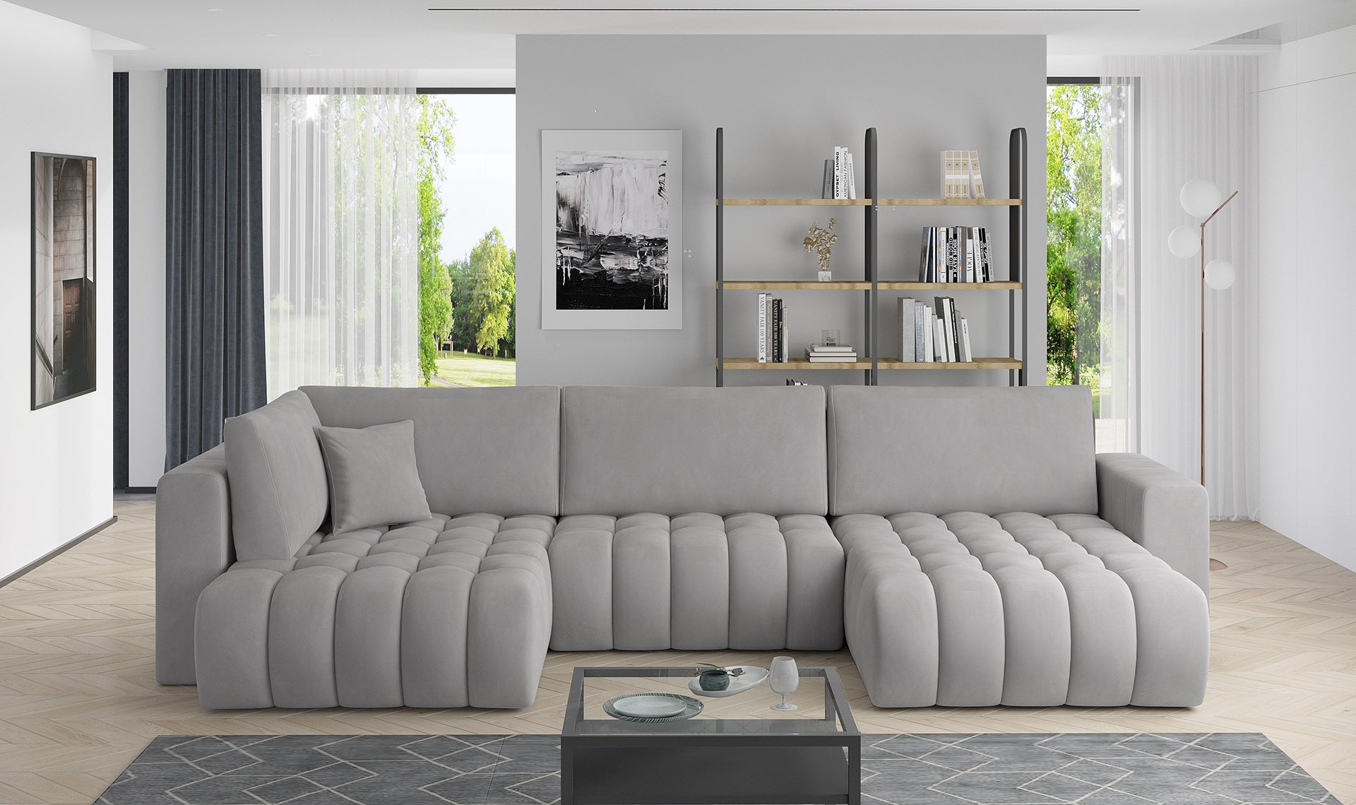 Narożnik Bonito w tkaninie Nube 03 jasnoszary, modułowa sofa narożna ustawiona w jasnym, nowoczesnym salonie