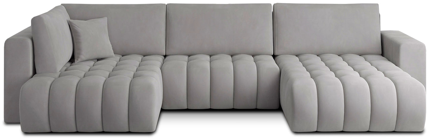 Narożnik Bonito, modułowa sofa narożna w tkaninie Nube 03 jasnoszary, widok z przodu na białym tle