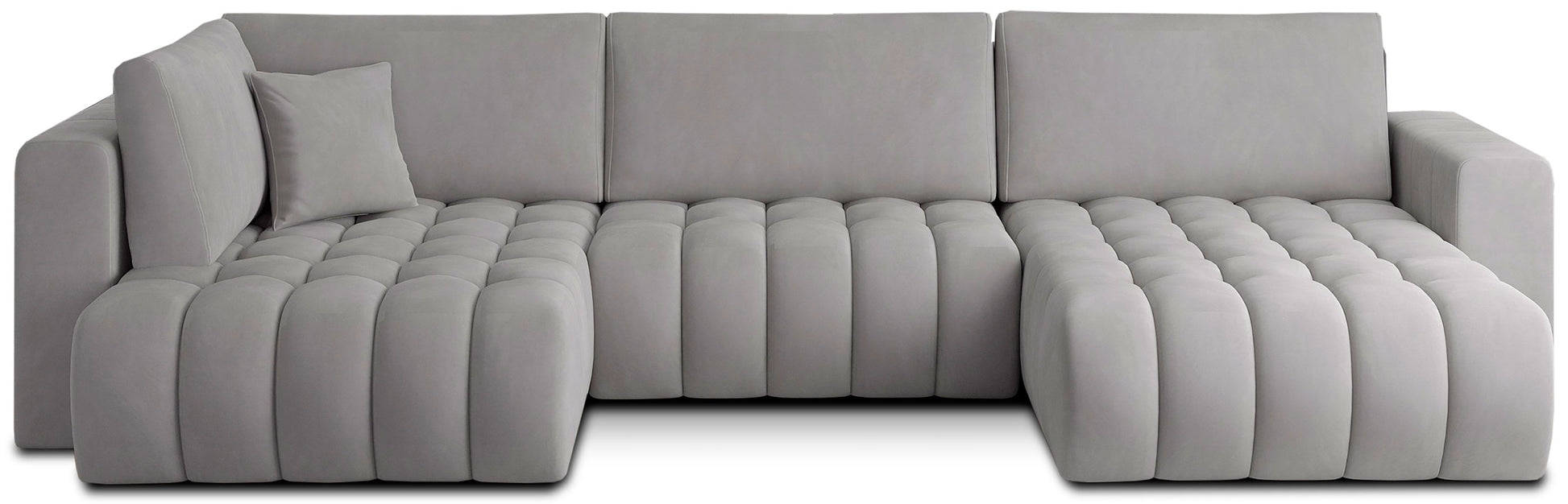 Narożnik Bonito, modułowa sofa narożna w tkaninie Nube 03 jasnoszary, widok z przodu na białym tle