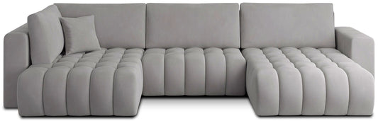 Narożnik Bonito, modułowa sofa narożna w tkaninie Nube 03 jasnoszary, widok z przodu na białym tle