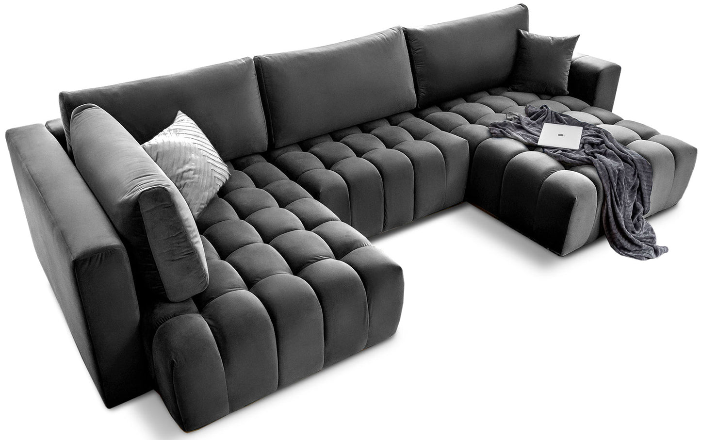 Narożnik Bonito, modułowa sofa narożna w tkaninie Nube 06 ciemnoszary, widok perspektywiczny z szezlongiem