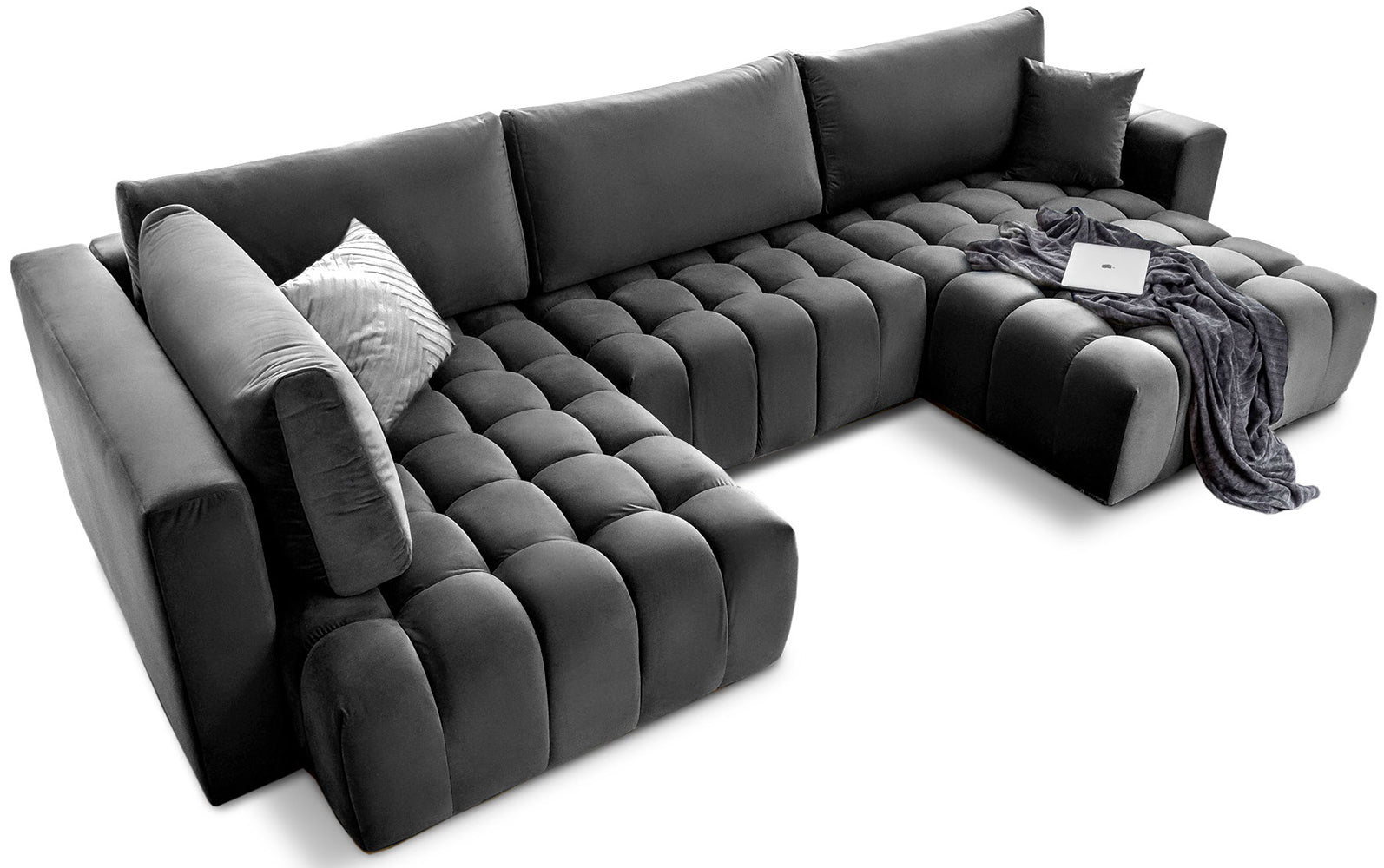 Narożnik Bonito, modułowa sofa narożna w tkaninie Nube 06 ciemnoszary, widok perspektywiczny z szezlongiem