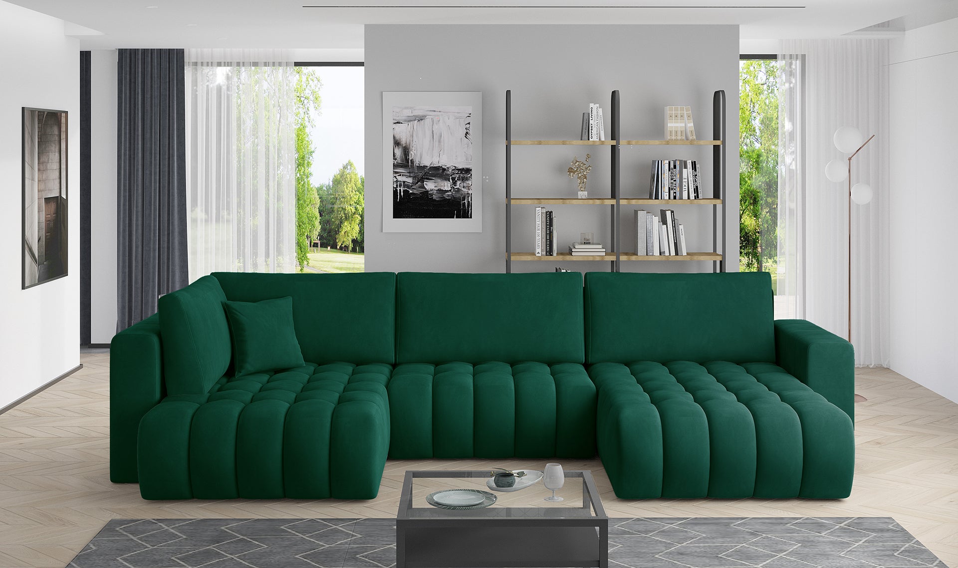 Narożnik Bonito w tkaninie Nube 35 zielony, modułowa sofa narożna ustawiona w jasnym, nowoczesnym salonie