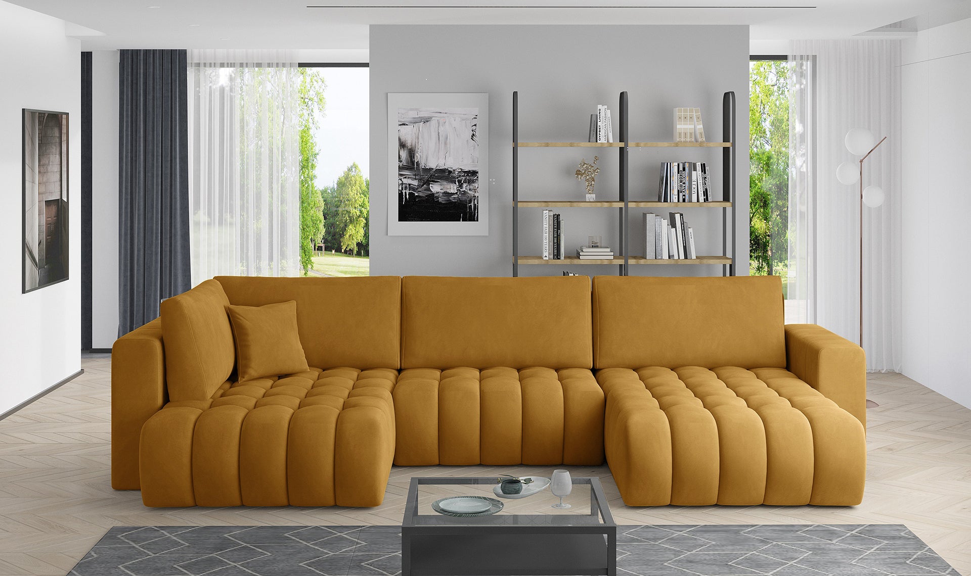 Narożnik Bonito w tkaninie Nube 45 żółty, modułowa sofa narożna ustawiona w jasnym, nowoczesnym salonie