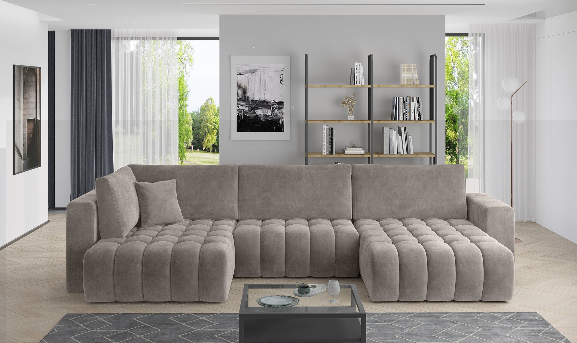 Narożnik Bonito w tkaninie Sola 18 jasnobezowy, modułowa sofa narożna ustawiona w jasnym, nowoczesnym salonie



