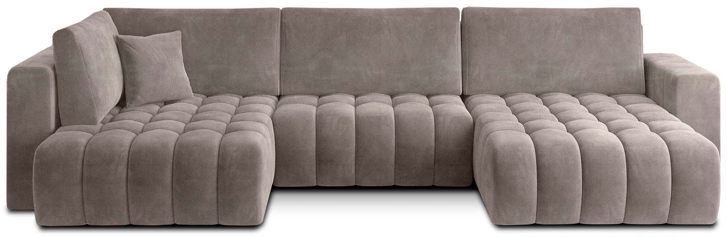 Narożnik Bonito, modułowa sofa narożna w tkaninie Sola 18 jasnobezowy, widok z przodu na białym tle