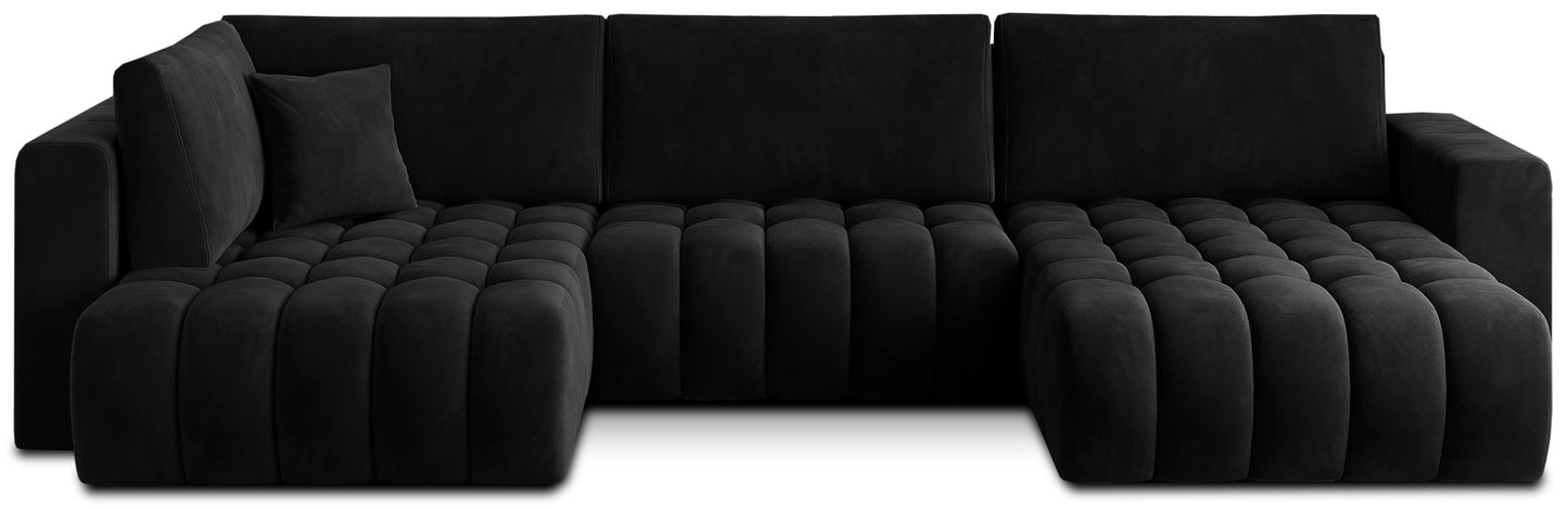 Narożnik Bonito, modułowa sofa narożna w tkaninie Velvetmat 10 czarny, widok z przodu na białym tle