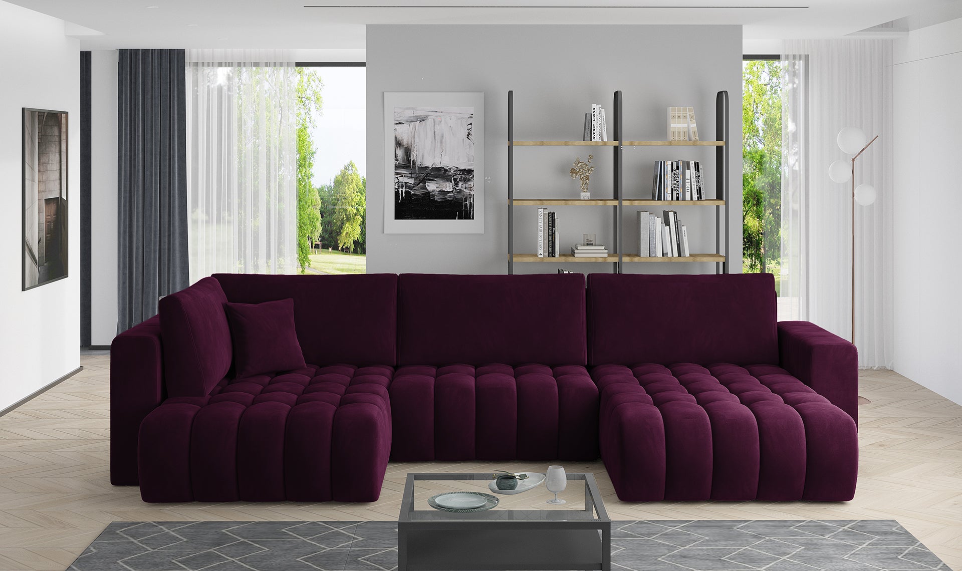 Narożnik Bonito w tkaninie Velvetmat 25 czerwony, modułowa sofa narożna ustawiona w nowoczesnym salonie