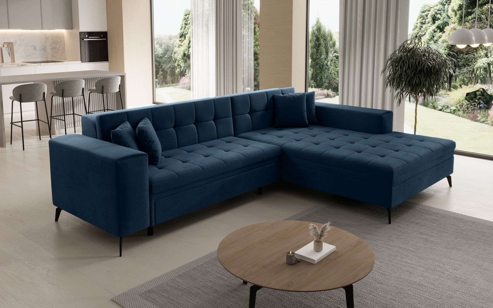 Narożnik Solange prawostronny w kolorze niebieskim Monolith 77 to stylowy mebel wypoczynkowy do salonu, który oferuje wygodne siedziska i elegancki design dopasowany do nowoczesnych aranżacji.