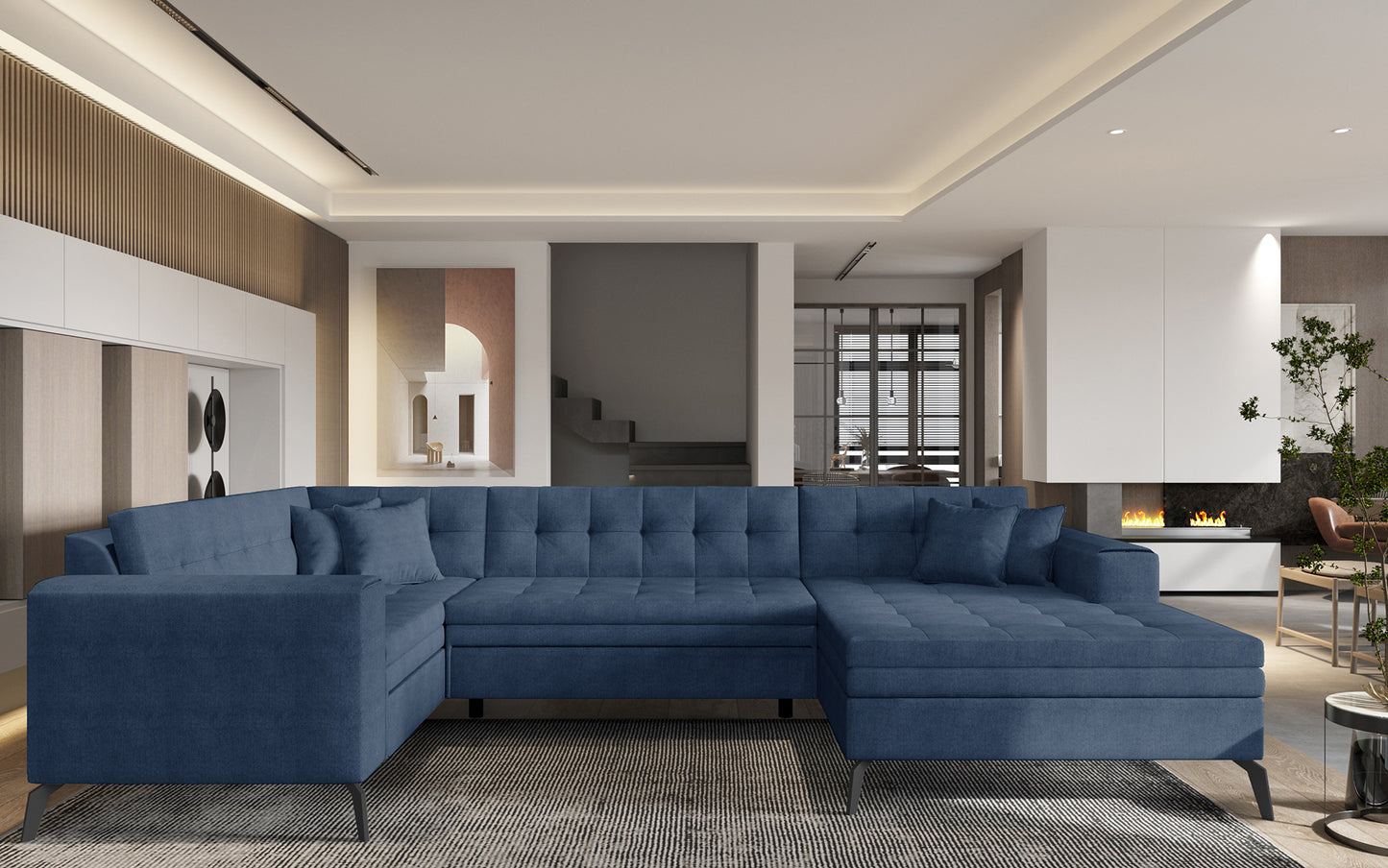 Niebieska sofa narożna Montez wykonana z materiału Gojo 40 doskonale sprawdzi się w nowoczesnym salonie, oferując przestronne siedziska i przyjemną w dotyku powierzchnię idealną do relaksu dla całej rodziny