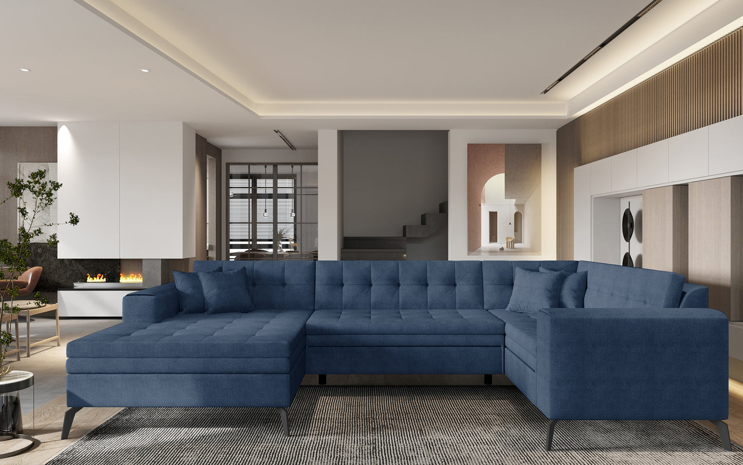 Niebieska sofa narożna Montez wykonana z materiału Gojo 40 wyróżnia się świeżym kolorem i nowoczesnym designem, zapewniając wygodne miejsce do relaksu oraz stylowy wygląd dopasowany do współczesnych wnętrz