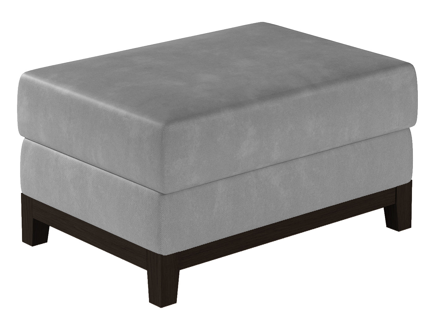 Nowoczesna pufa Selene w jasnoszarej tkaninie Monolith 84 z drewnianą konstrukcją w kolorze orzech łączy minimalistyczny design z praktycznością, tworząc stylowy dodatek do salonu, sypialni, garderoby lub pokoju dziennego.