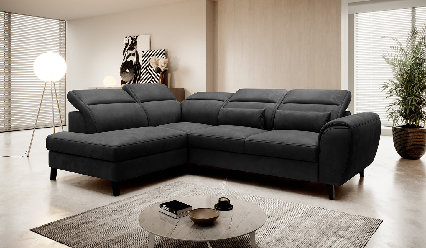 Narożnik Noble Nube 06 w antracytowym kolorze prezentujący szerokie siedziska, miękką tapicerkę oraz elegancką minimalistyczną bryłę. Komfortowy narożnik do salonu zapewniający wygodę codziennego relaksu.
