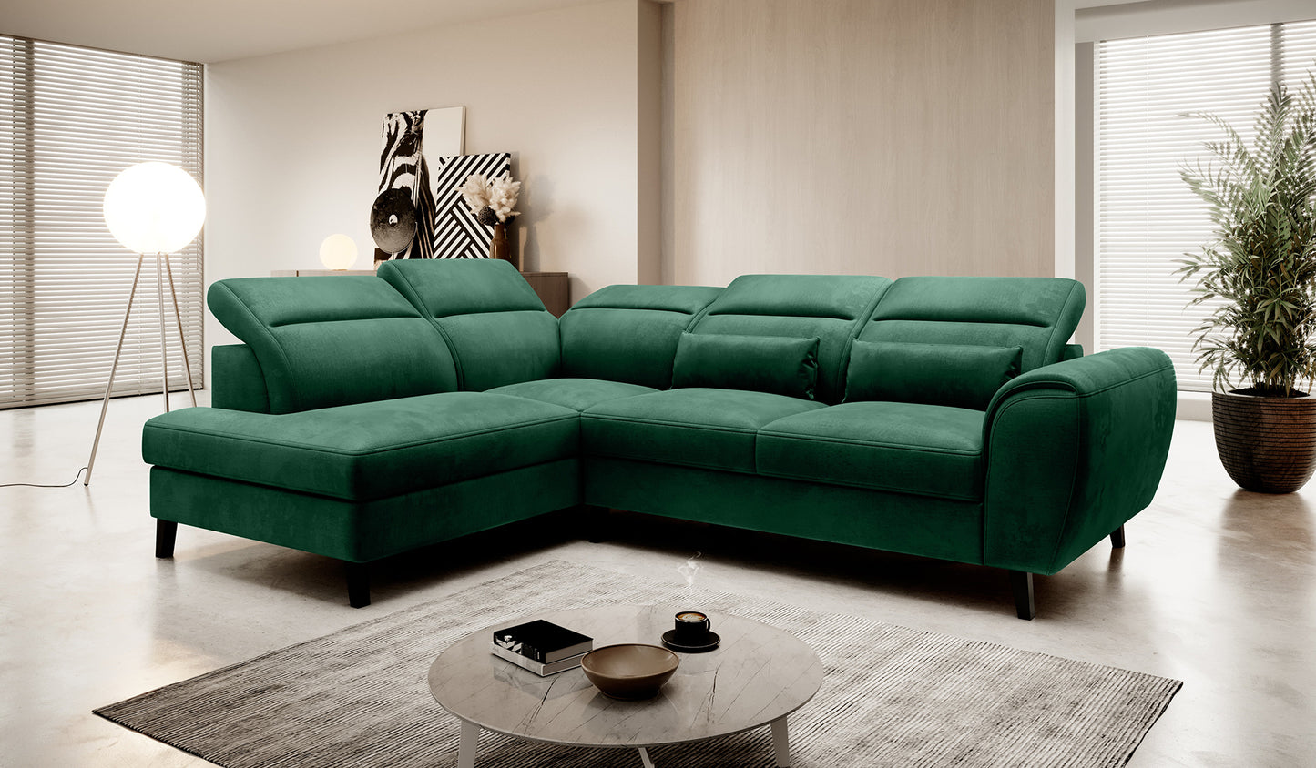 Narożnik Noble Nube 35 w głębokim szmaragdowym kolorze prezentujący komfortowe siedziska, dekoracyjne poduszki oraz nowoczesne wykończenie tapicerki. Designerski narożnik wypoczynkowy do eleganckiego salonu i apartamentów premium.
