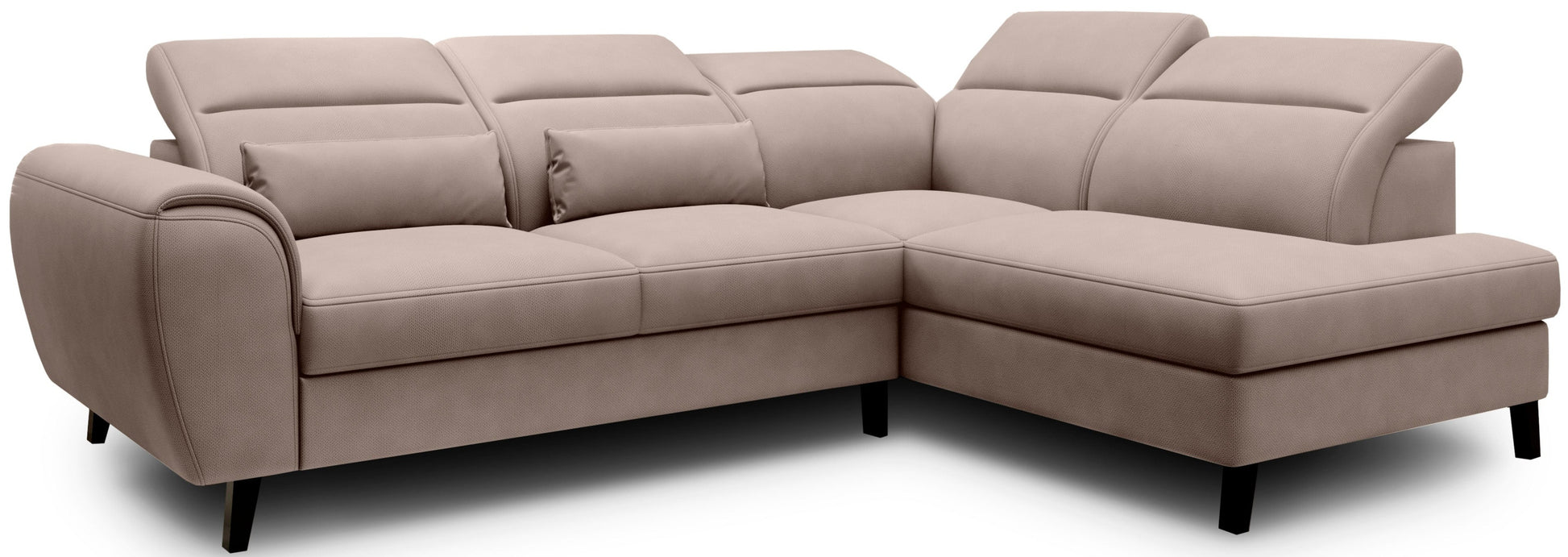 Narożnik Noble Poco 07 w ciepłym odcieniu sand beige prezentujący komfortowe siedziska, dekoracyjne poduszki oraz subtelne wykończenie tapicerki. Designerski narożnik wypoczynkowy do nowoczesnego salonu i eleganckich wnętrz premium.