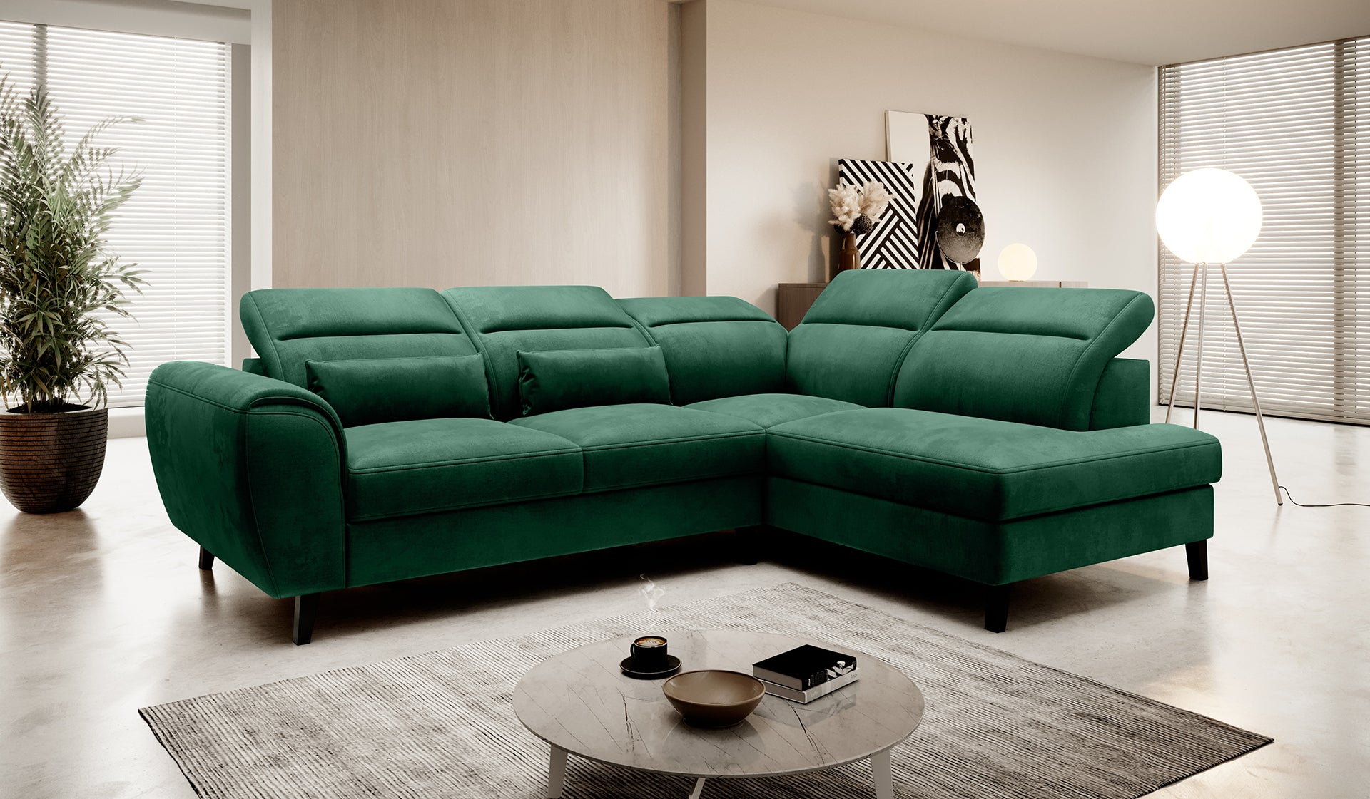 Narożnik Noble Nube 35 w intensywnym zielonym kolorze prezentujący komfortowe siedziska, dekoracyjne poduszki oraz minimalistyczne wykończenie tapicerki. Designerski narożnik wypoczynkowy do nowoczesnego salonu inspirowanego stylem contemporary i soft loft.