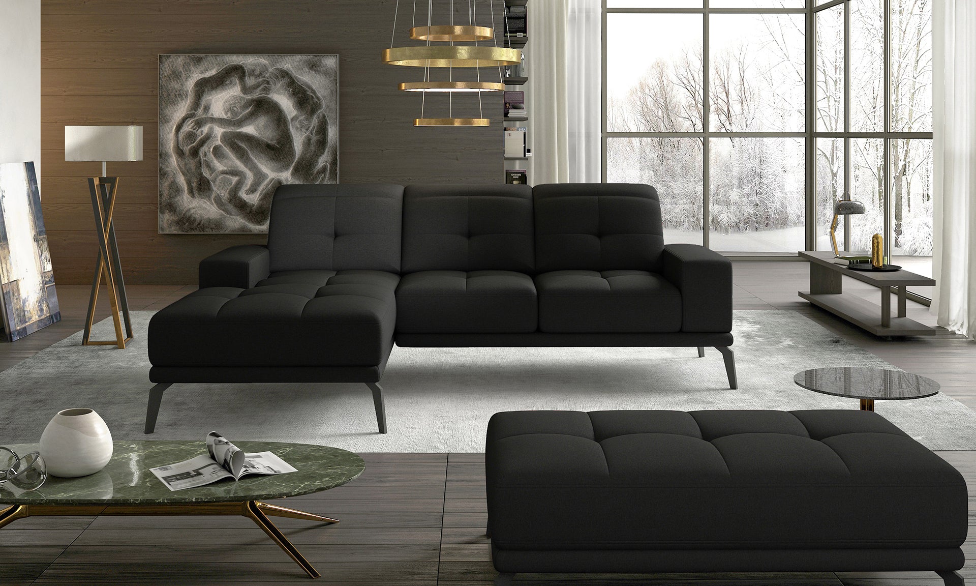 Lewostronny narożnik Torrense wykonany w czarnej tkaninie Sawana 14 prezentujący minimalistyczną bryłę oraz miękkie siedziska. Designerski narożnik do salonu zapewniający wygodny relaks każdego dnia.