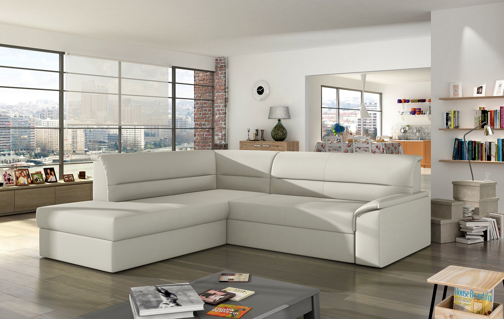 Elegancki narożnik Elano lewy wykonany z tkaniny Soft 33 jasnobeżowej prezentuje minimalistyczną formę oraz wygodne szerokie siedziska. Stylowy narożnik do rodzinnego salonu podkreśla ciepły charakter wnętrza i zapewnia wysoki komfort wypoczynku każdego dnia.